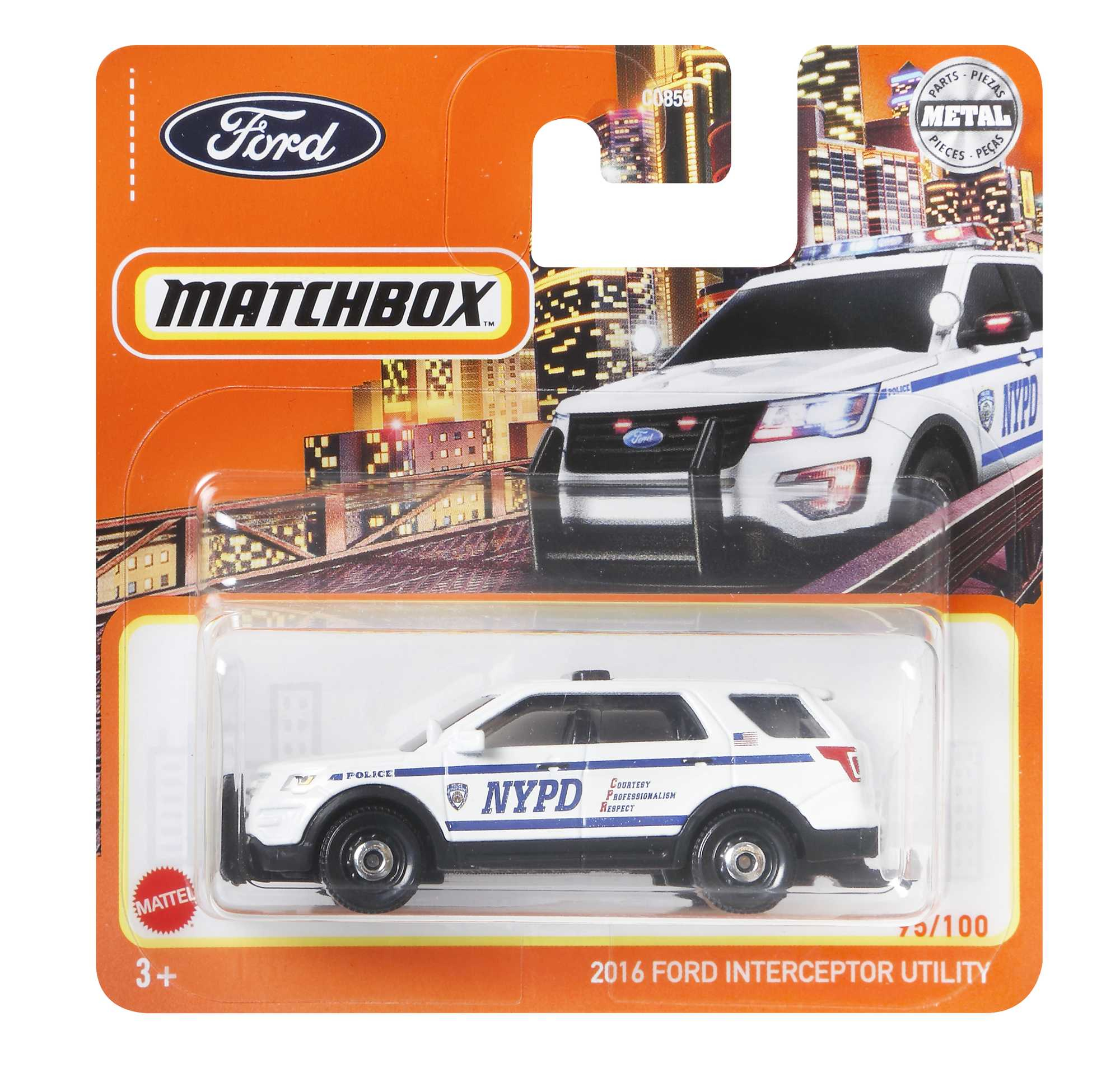 Un juguete Matchbox de un Ford Explorer blanco del NYPD. Está sobre un fondo de plástico naranja y transparente.
