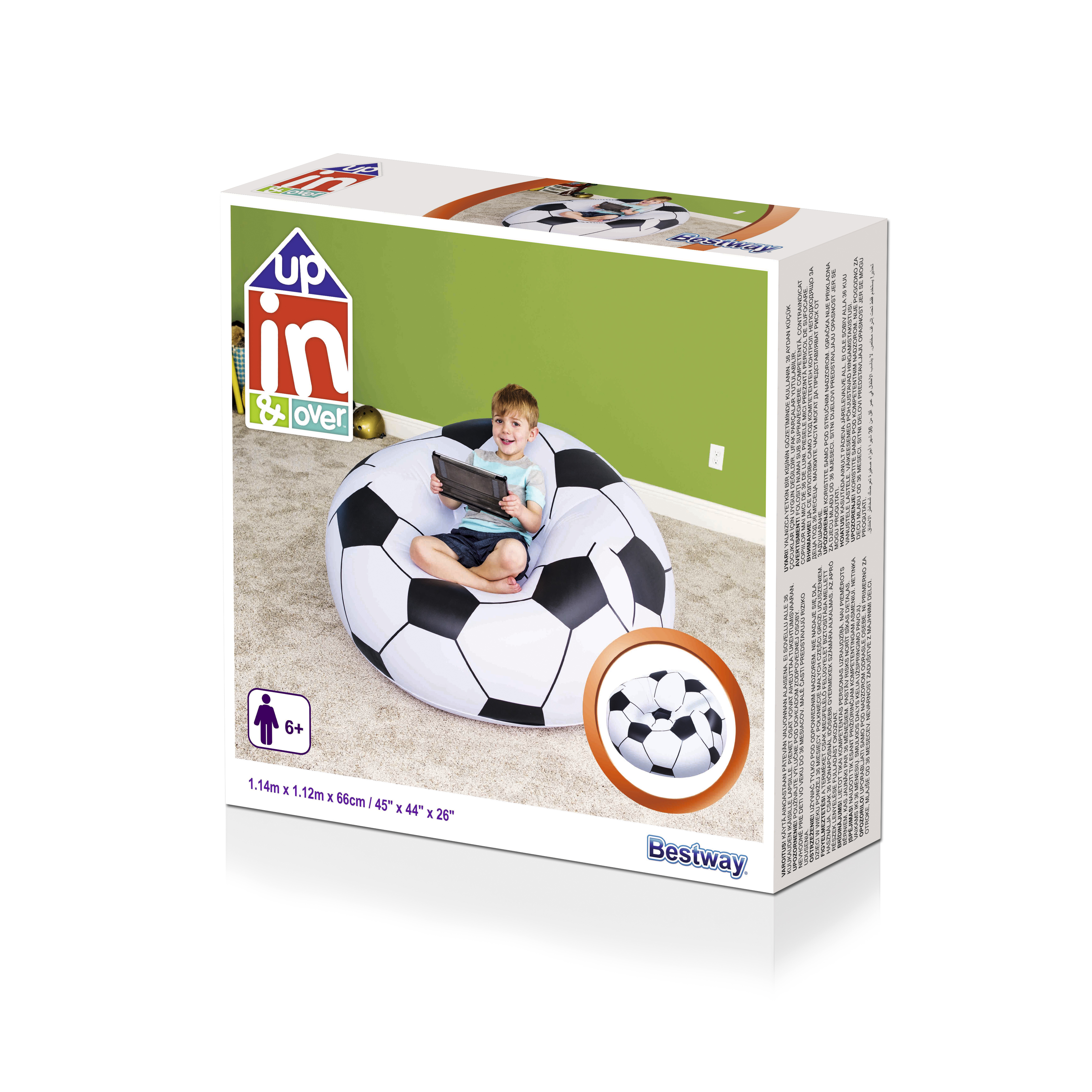 Eine Box zeigt ein Kind auf einem Fußballstuhl. Die Marke ist Bestway.
