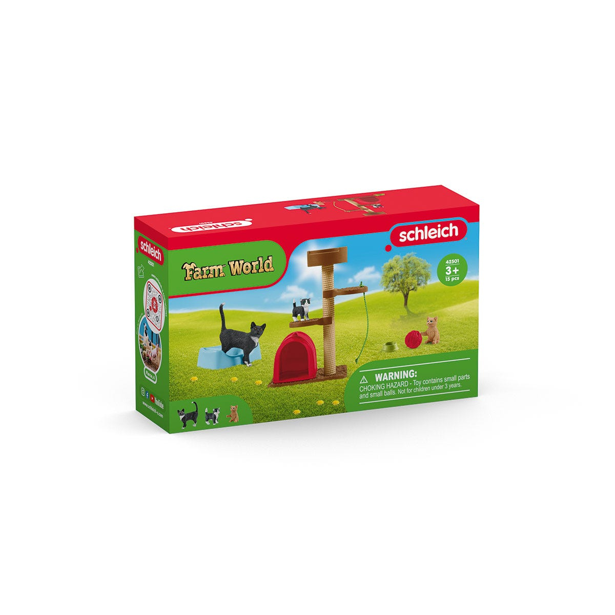 Eine Schleich Farm World Spielzeugkiste. Sie zeigt eine schwarz-weiße Katze, einen Katzenbaum und einen roten Ball. Die Box ist rot und weiß.