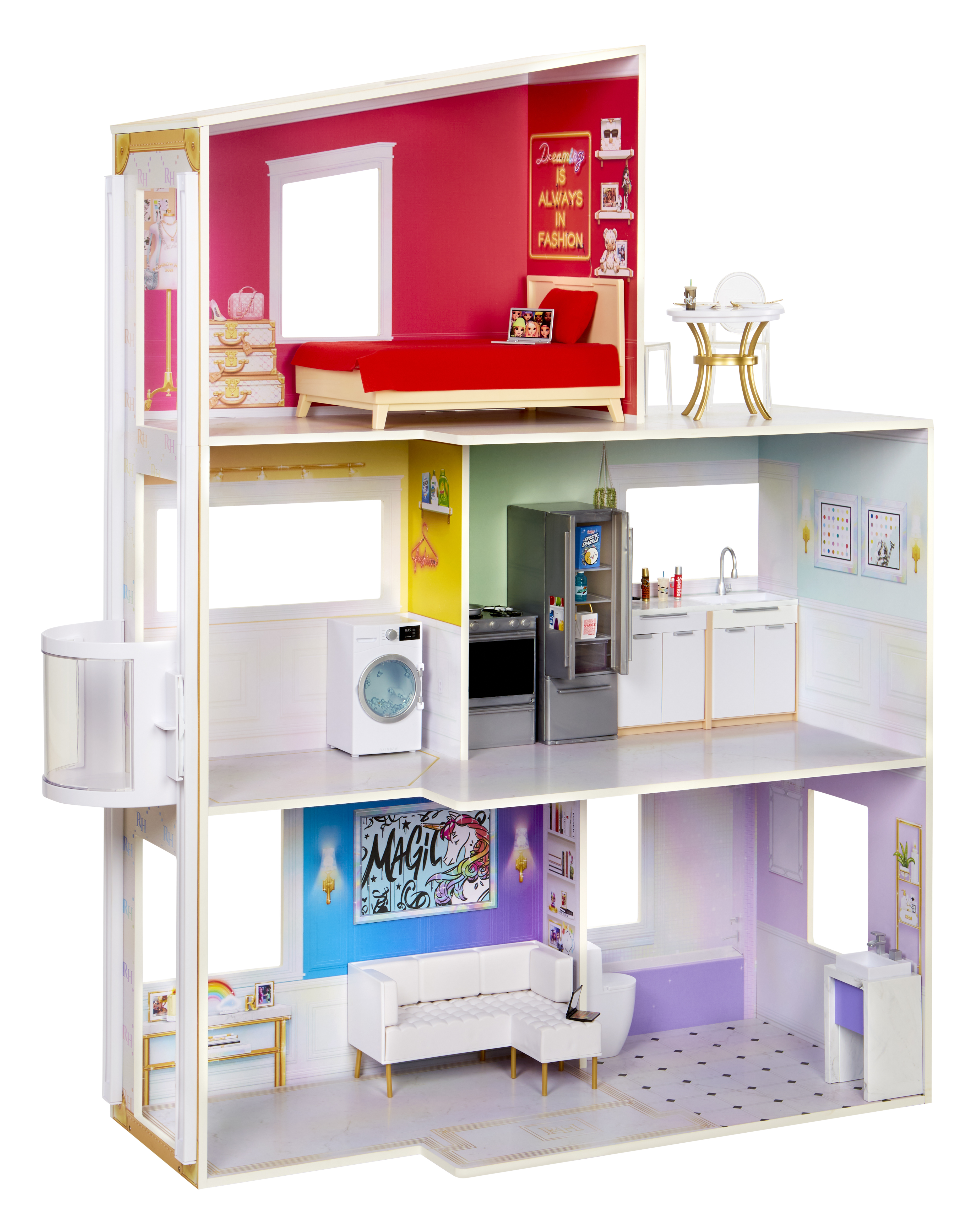 Ein Puppenhaus mit mehreren Zimmern, darunter ein Schlafzimmer, eine Küche und ein Badezimmer. Möbliert mit Möbeln, Geräten und Dekor.
