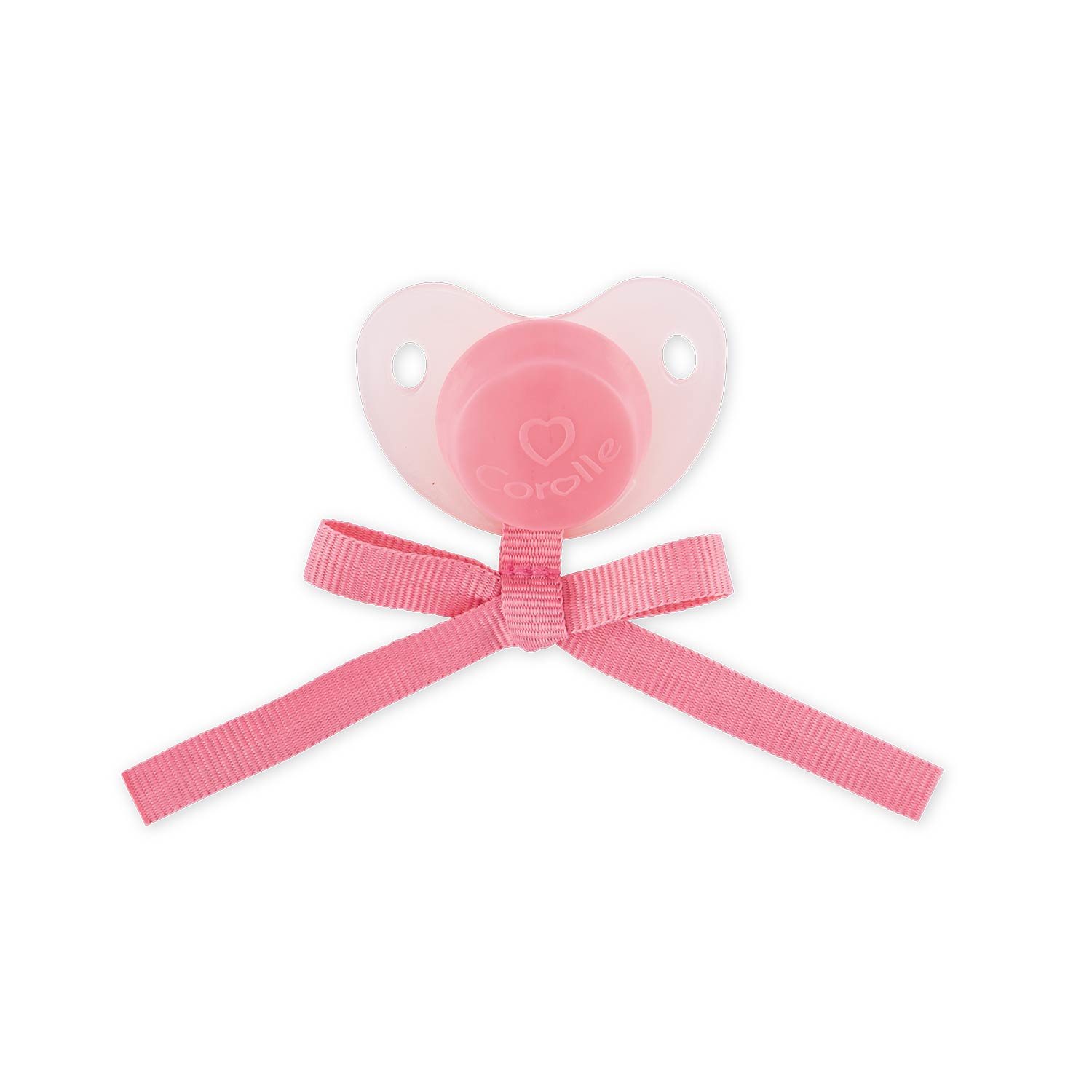 Ein Babyschnuller mit rosa Sauger und rosa Schleife. Auf dem Schnuller steht das Wort "Corolle".