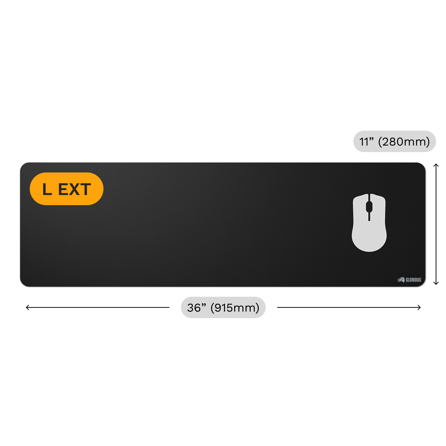 Czarna podkładka pod mysz z wymiarami. Ma białą ikonę myszy i słowo 'L EXT' w pomarańczowym polu po lewej stronie.