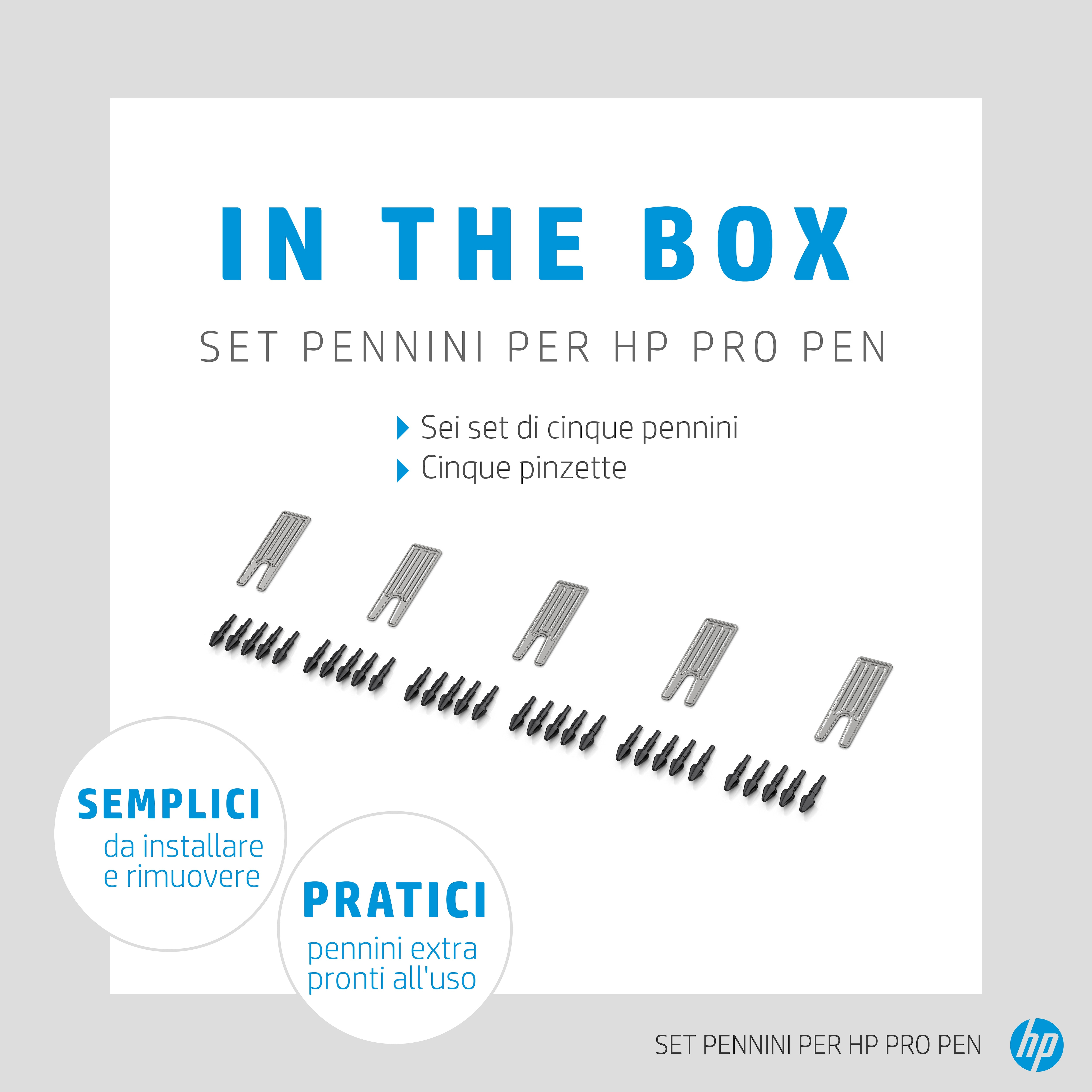Obraz przedstawia końcówki pióra i pęsety do HP Pro Pen. Tekst zawiera 'IN THE BOX' oraz cechy produktu.