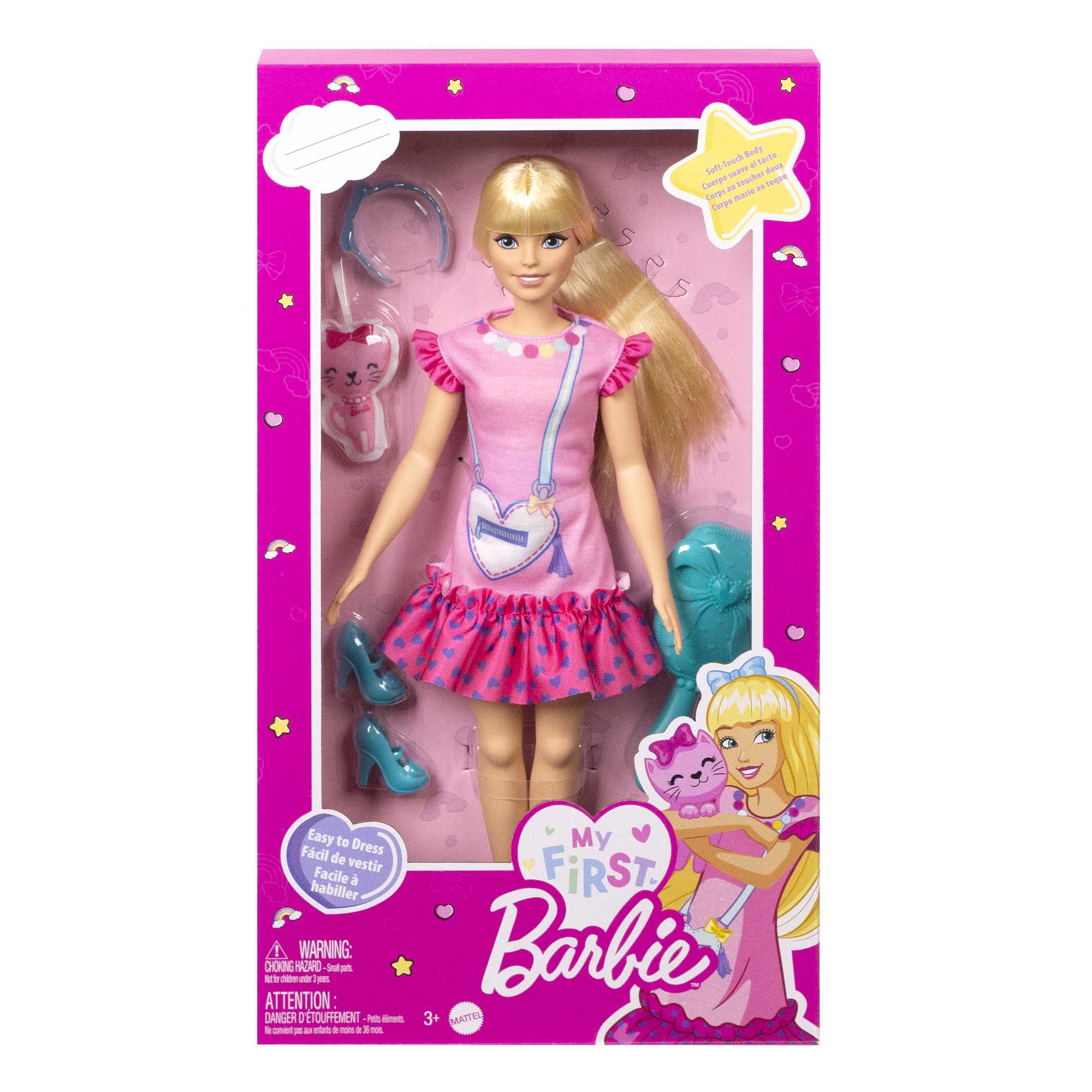 Barbie-Puppe in rosa Kleid, Schuhen und Accessoires. Auf der Verpackung steht My First Barbie, Alter 3+.