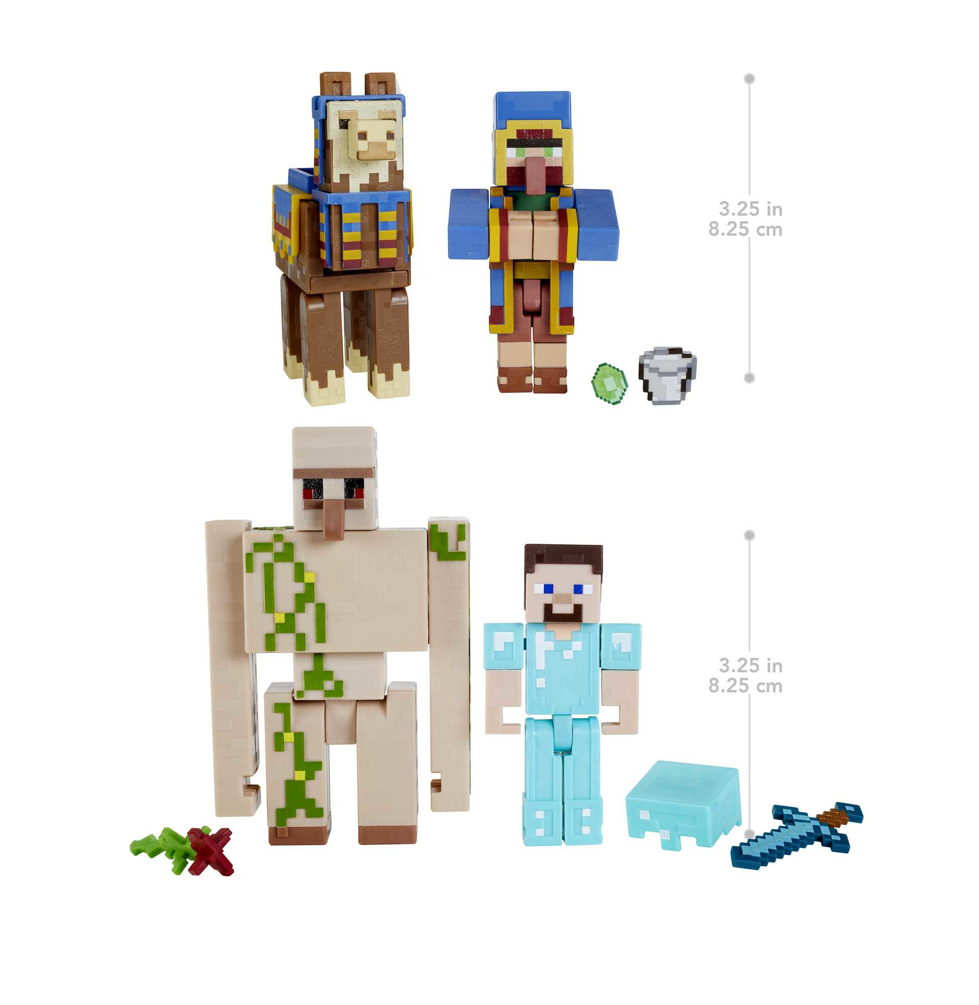Figuras de Minecraft: Llama, aldeano, Golem, Steve con accesorios como espada y cubo.
