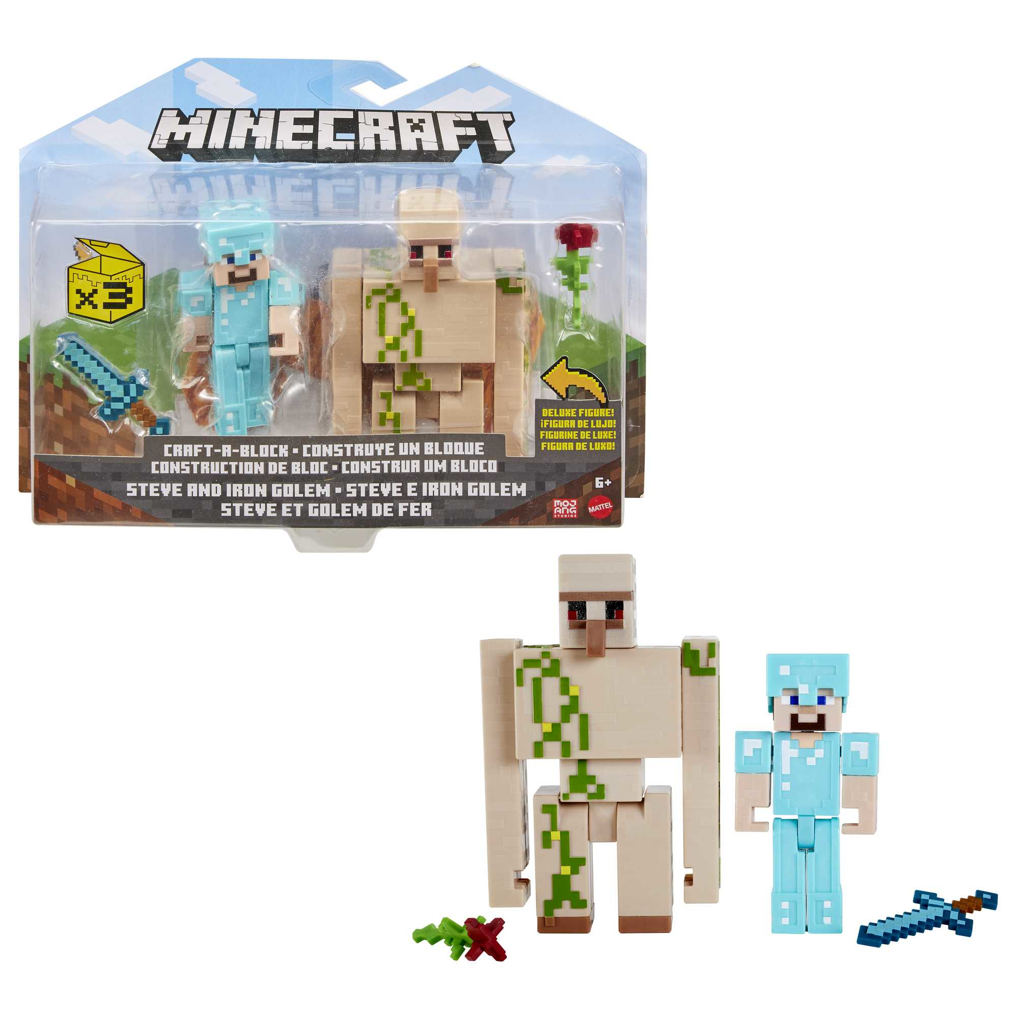Juego de juguetes de Minecraft con figuras de Steve, un golem de hierro y accesorios, empaquetado y exhibido.