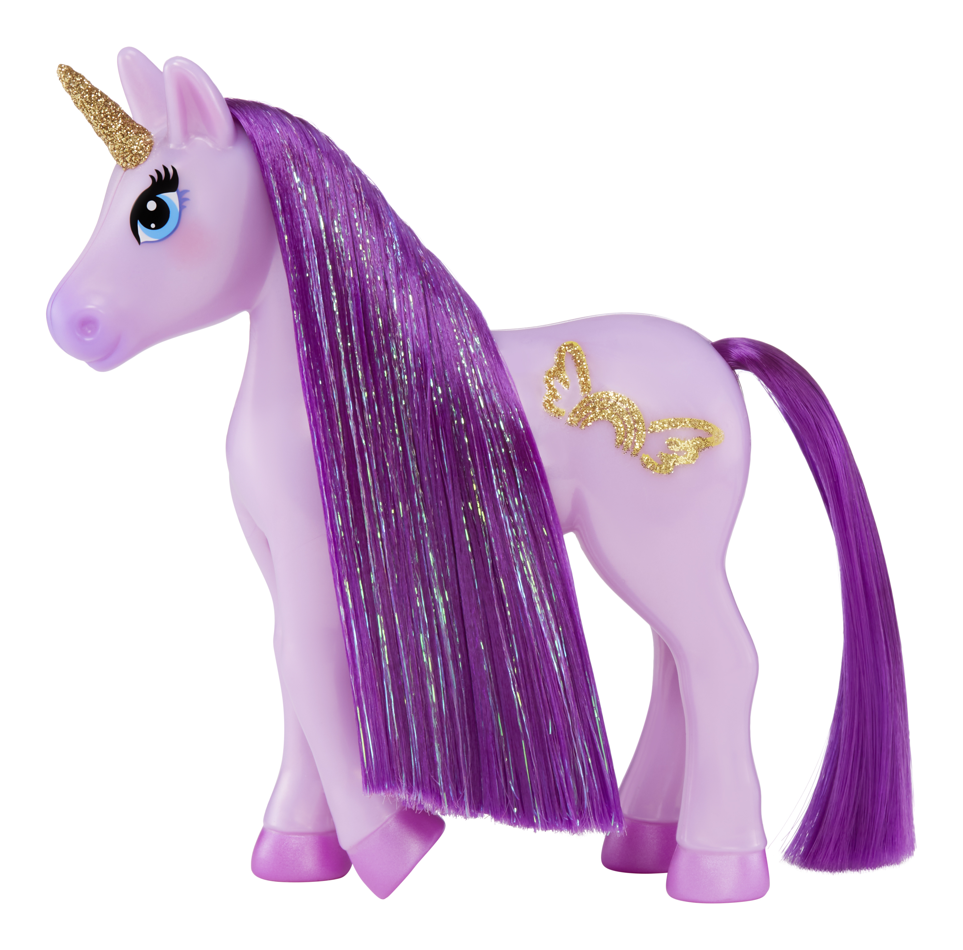 Fioletowa zabawka jednorożca ze złotym rogiem i złotym brokatowym wzorem z boku na białym tle.
