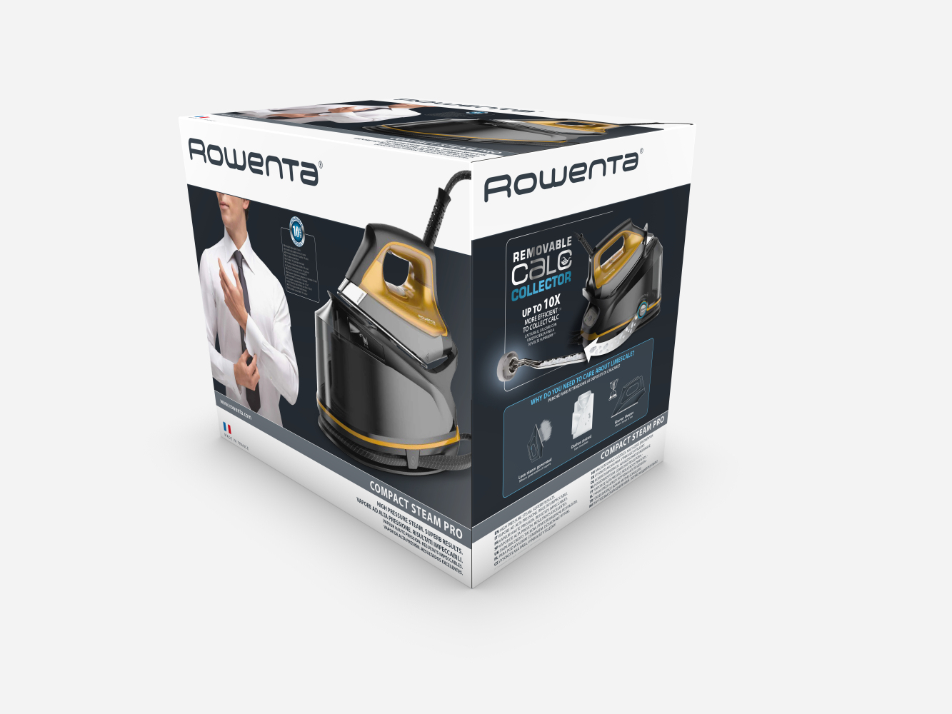 Ein Rowenta Compact Steam Pro Bügeleisenkarton. Die Box zeigt ein Bügeleisen und einen Mann beim Bügeln.