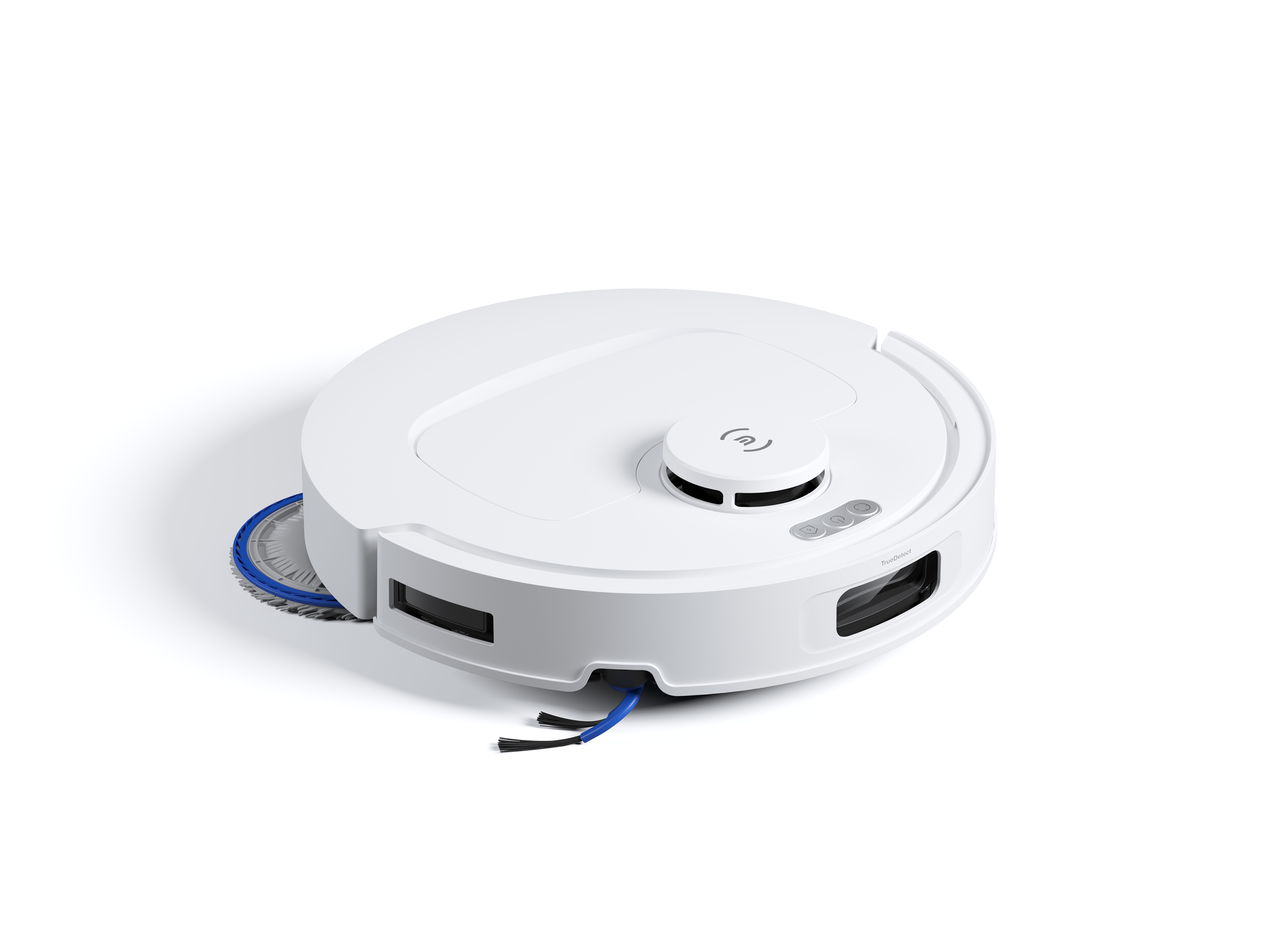 Een witte robotstofzuiger op een wit oppervlak. Het heeft een cirkelvorm met borstels en sensoren.