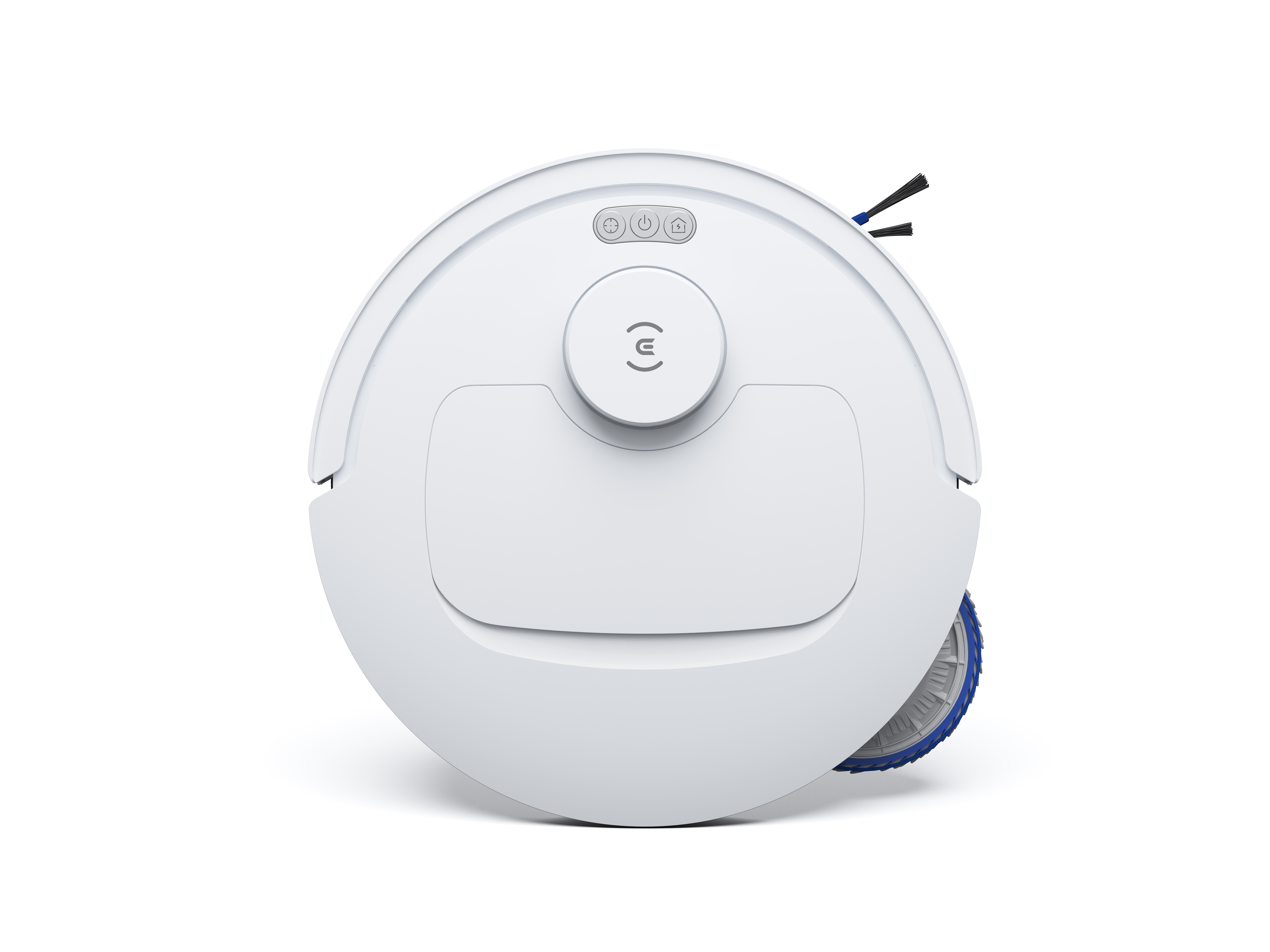 Witte robotstofzuiger. Het heeft knoppen en een logo aan de bovenkant. De zijkant heeft een blauw wiel.