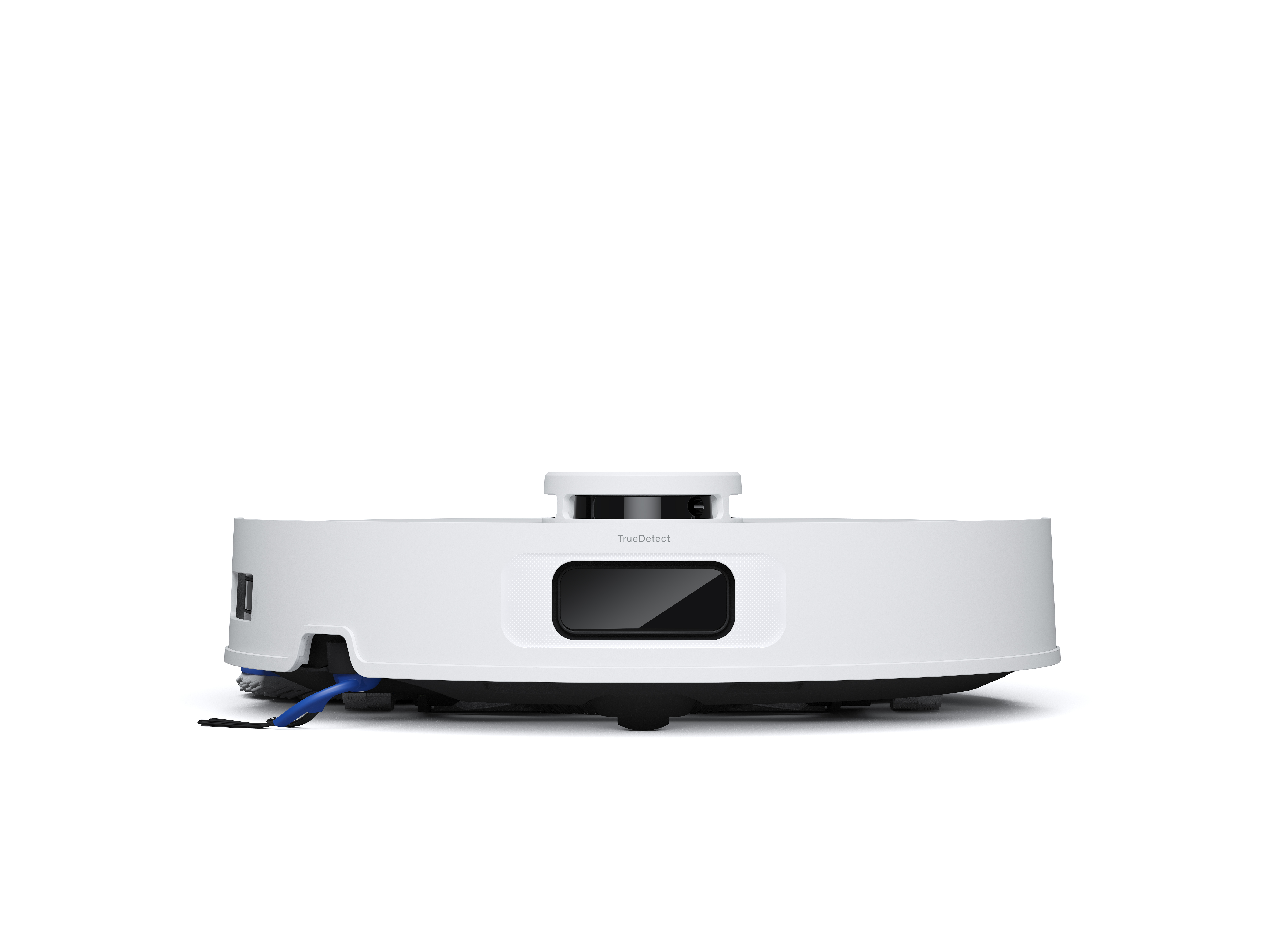 Een witte robotstofzuiger, met zwarte en blauwe accenten. Hij heeft een TrueDetect sensor en een voorborstel.