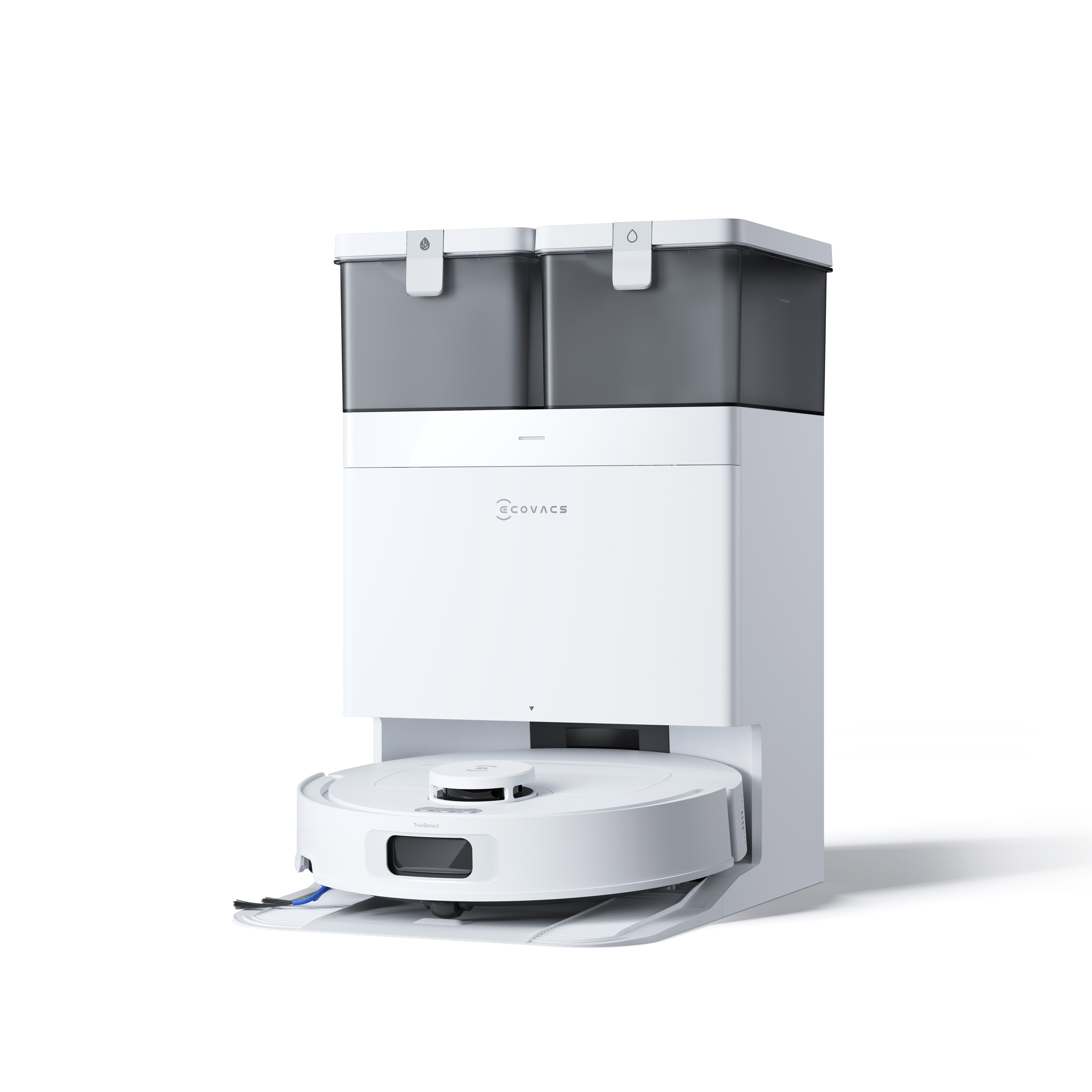 Een witte robotstofzuiger met een dockingstation. De robot is rond en het station is rechthoekig.
