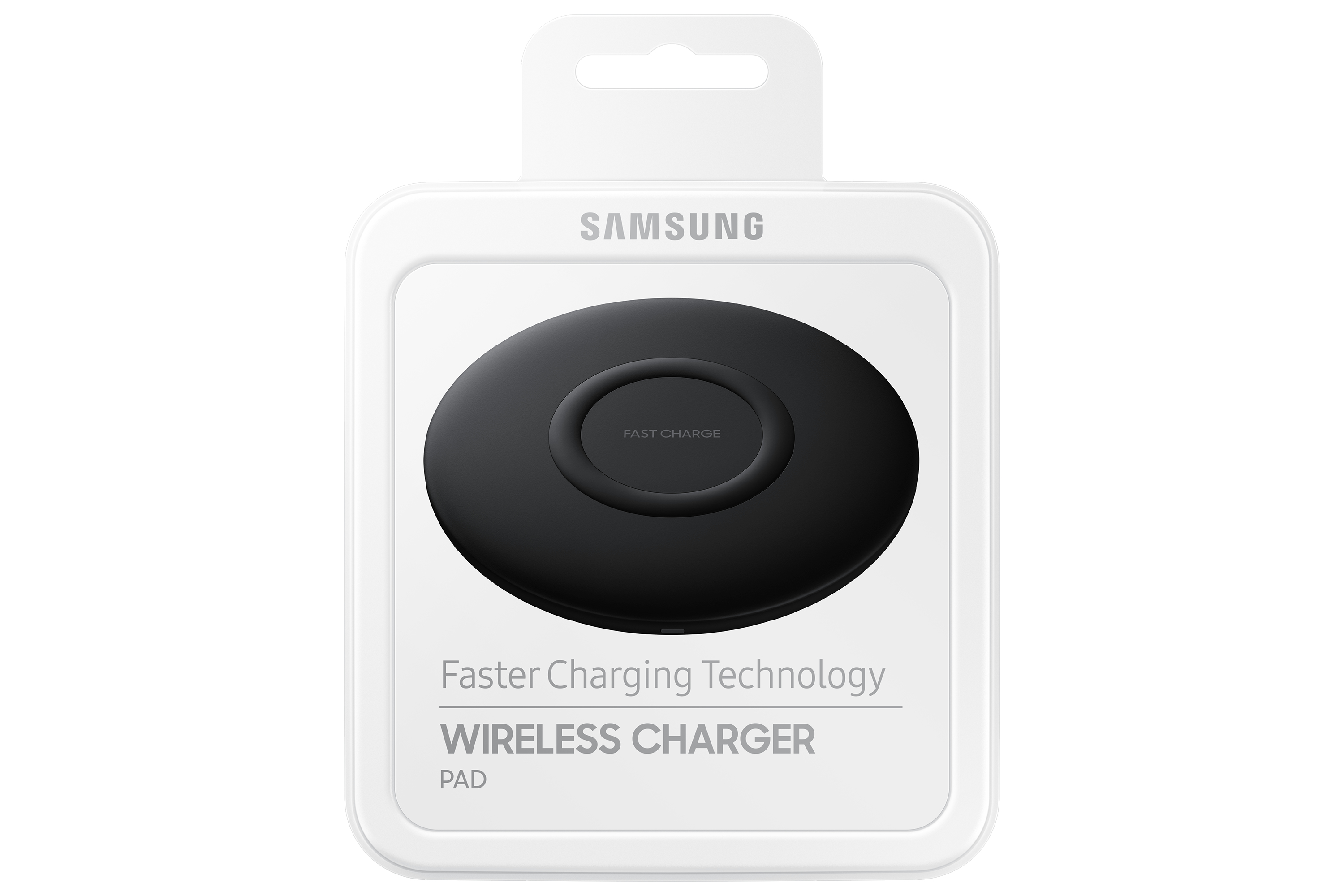 Ein kabelloses Ladegerät von Samsung in der Verpackung. Es ist ein schwarzes Ladepad mit weißer Verpackung.