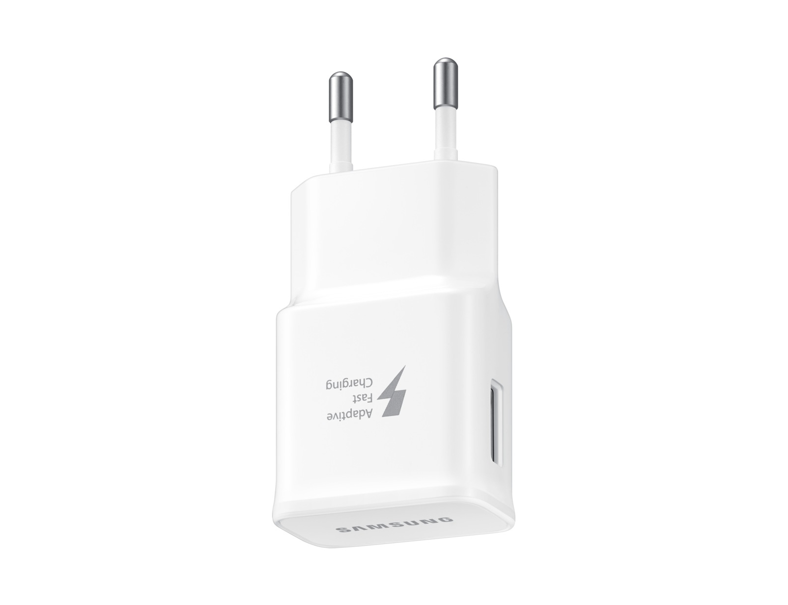 Un caricabatterie per telefono Samsung bianco con due spine argentate. Ha un simbolo a forma di fulmine per la ricarica rapida.