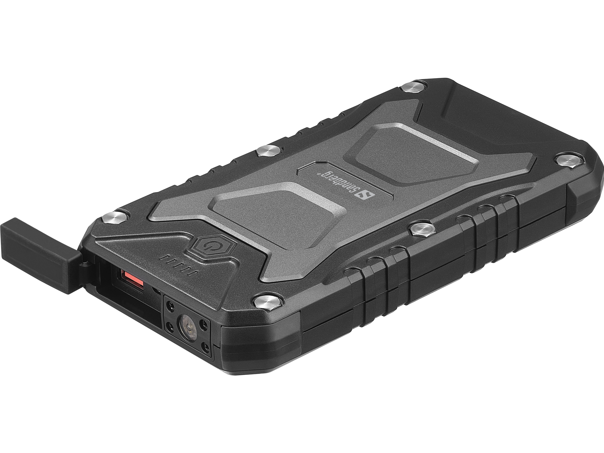Eine rechteckige, schwarz-graue Powerbank mit einem Anschluss an der Seite. Das Sandberg-Logo ist oben sichtbar.