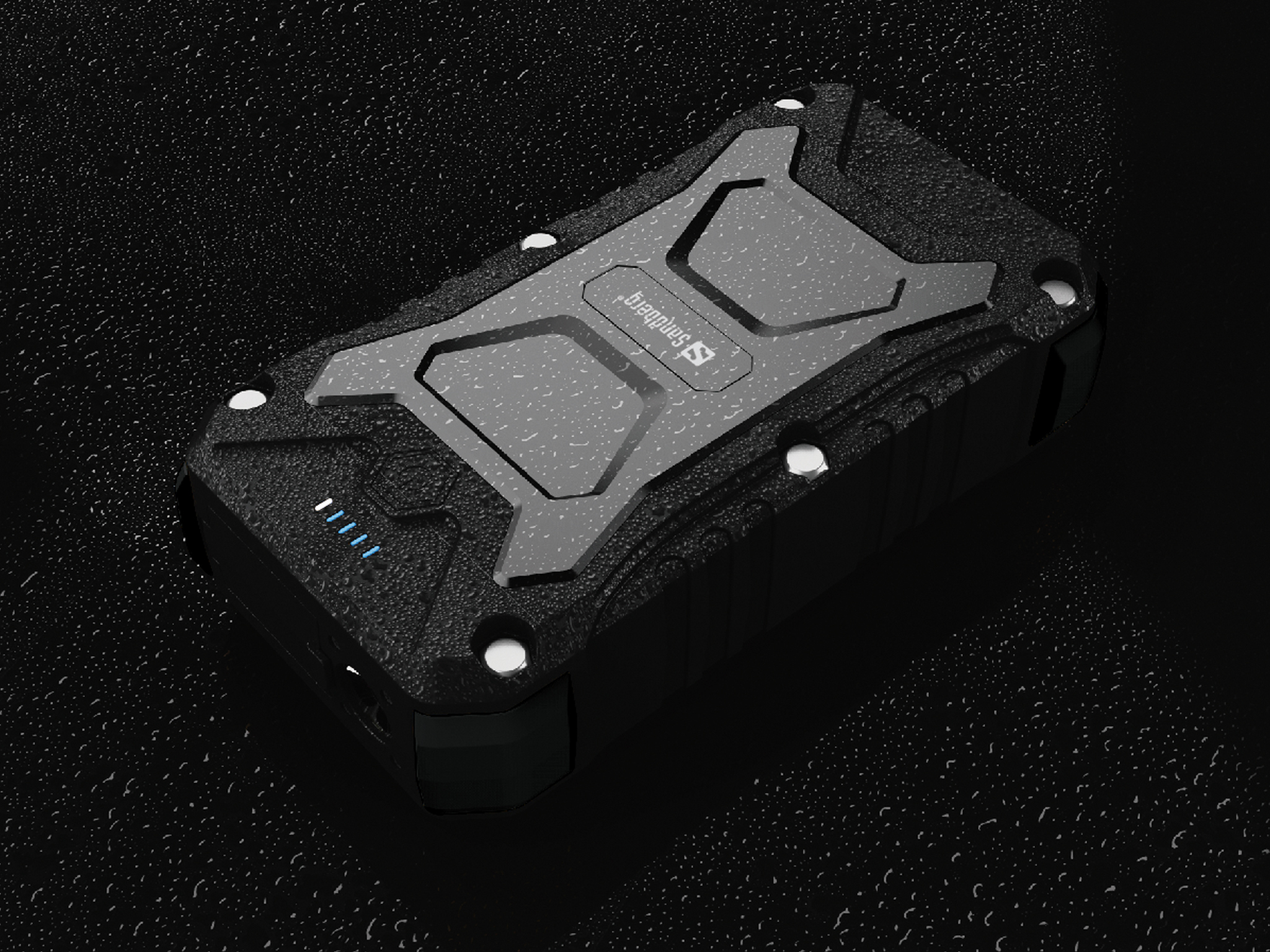Schwarze, robuste Powerbank mit metallisch grauen Akzenten und Wassertropfen. Mit Markenlogo und Betriebsanzeigen.