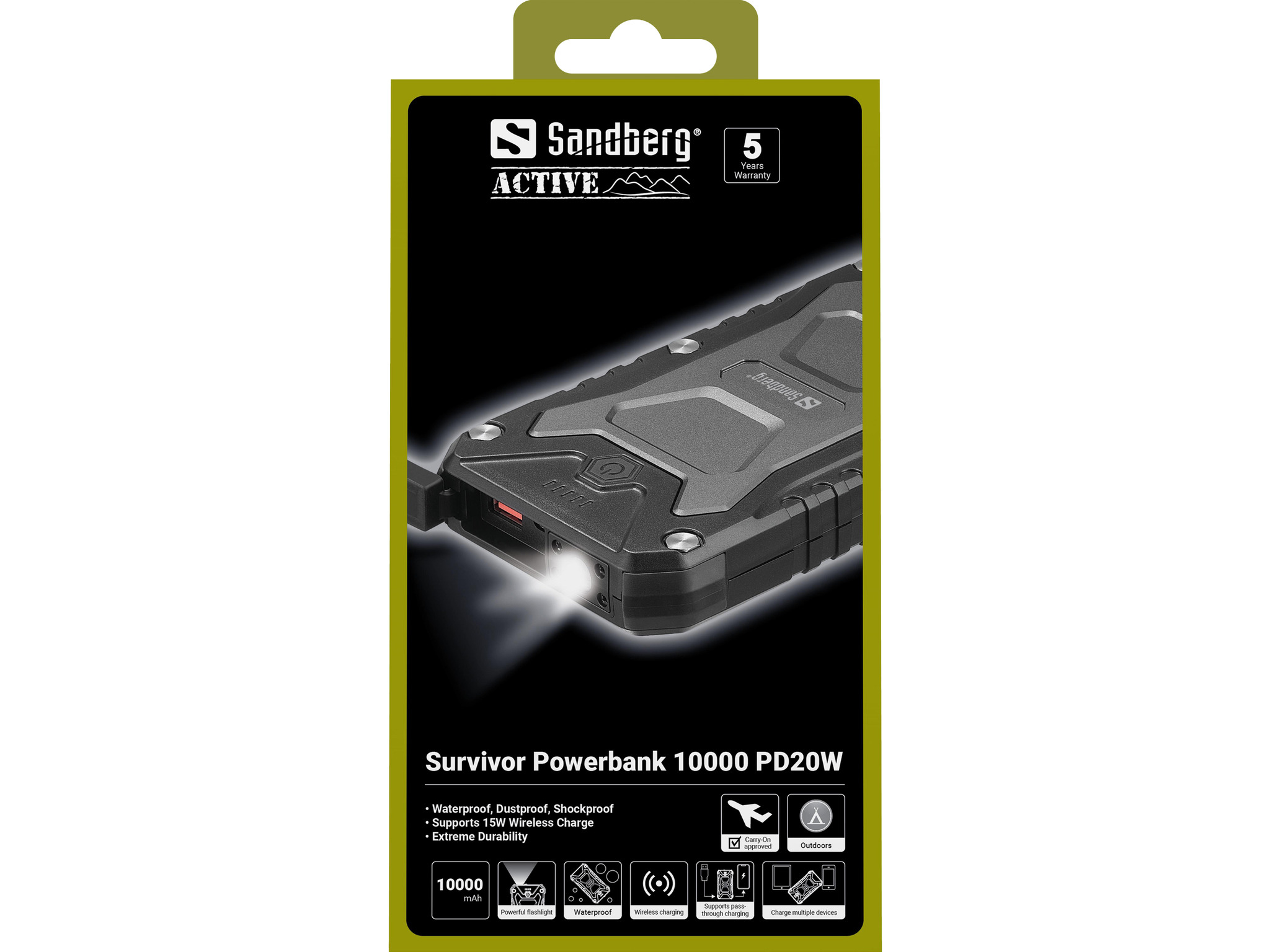 Eine Sandberg Survivor Powerbank 10000 PD20W Box. Sie ist schwarz und zeigt ein Bild der Powerbank. Merkmale sind wasserdicht, kabelloses Laden und Taschenlampe.
