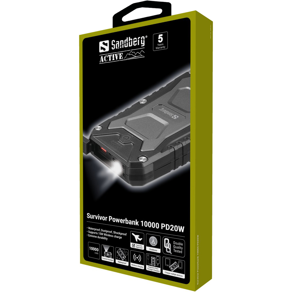Eine Sandberg Active Survivor Powerbank 10000 PD20W Box. Sie ist schwarz und grau, wasserdicht, stoßfest und unterstützt kabelloses Laden.