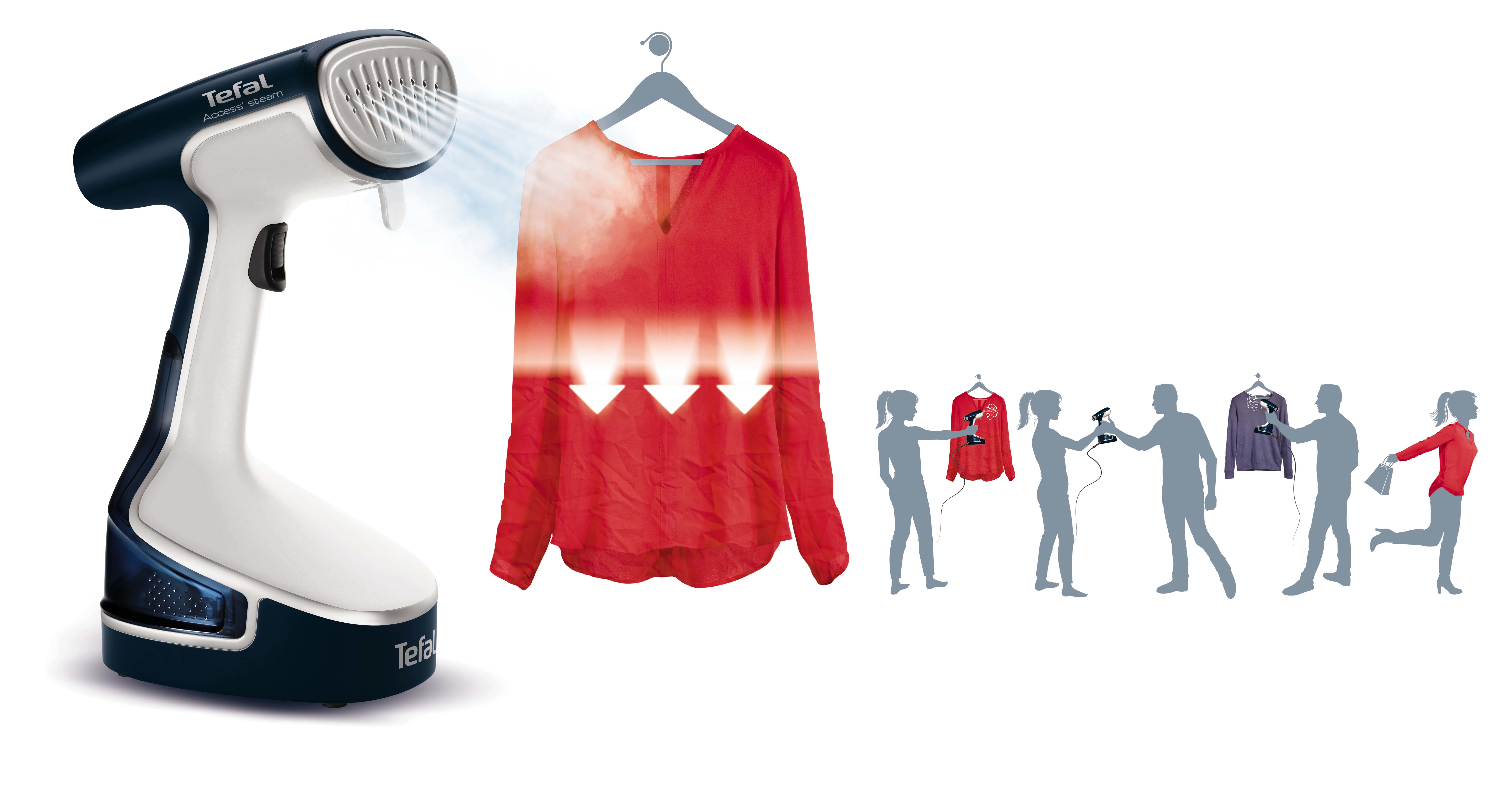 Plancha de vapor Tefal planchando una camisa roja. Siluetas de personas planchando ropa a la derecha. Fondo blanco.