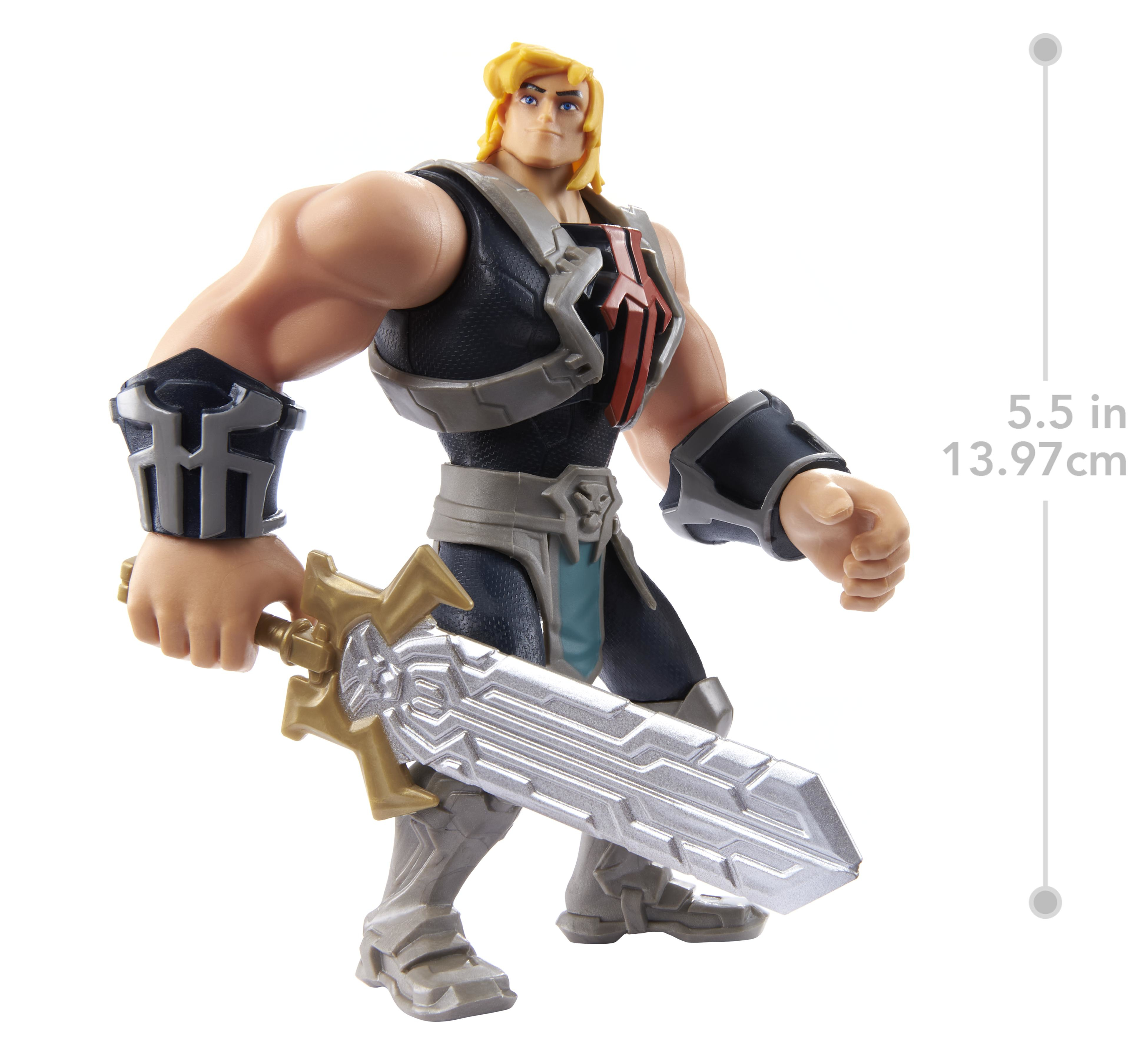 Figura de acción de He-Man sosteniendo una espada. Es musculoso, con pelo rubio y lleva armadura. La espada es plateada y dorada.