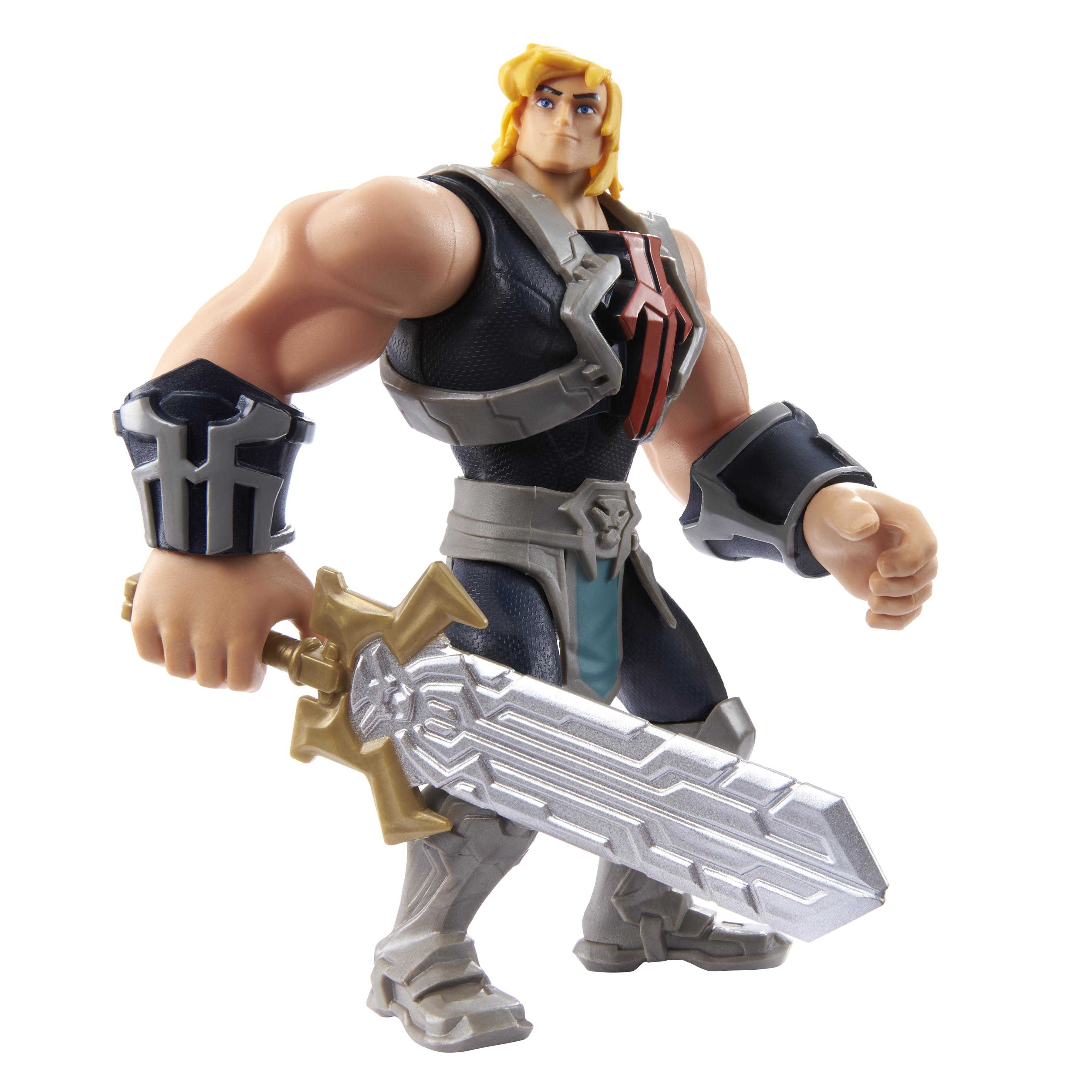 Una figura de acción de He-Man sostiene una espada. Tiene pelo rubio, ojos azules y lleva armadura.