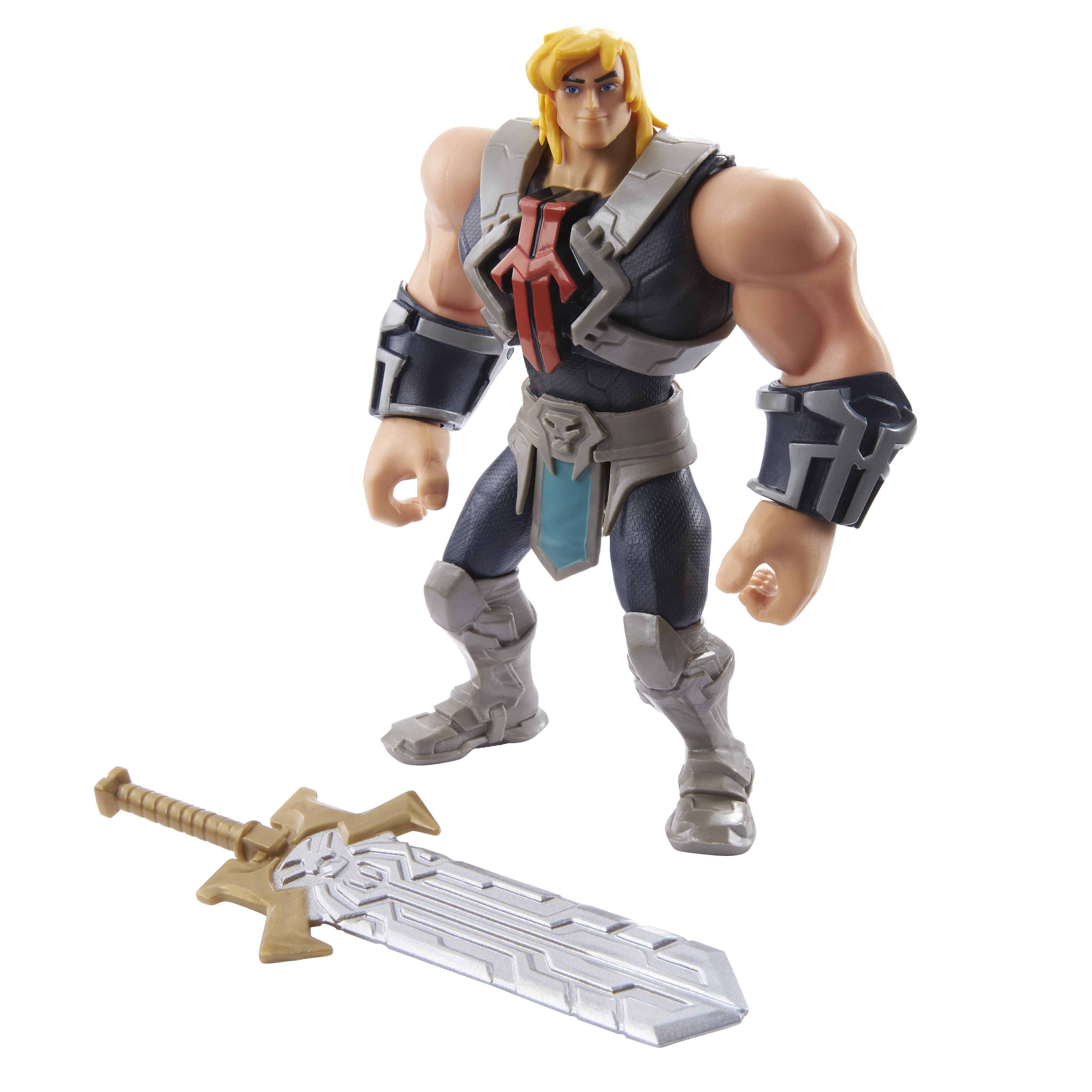 Una figura de acción de He-Man con una espada. Tiene cabello rubio y usa armadura. La espada es dorada y plateada.