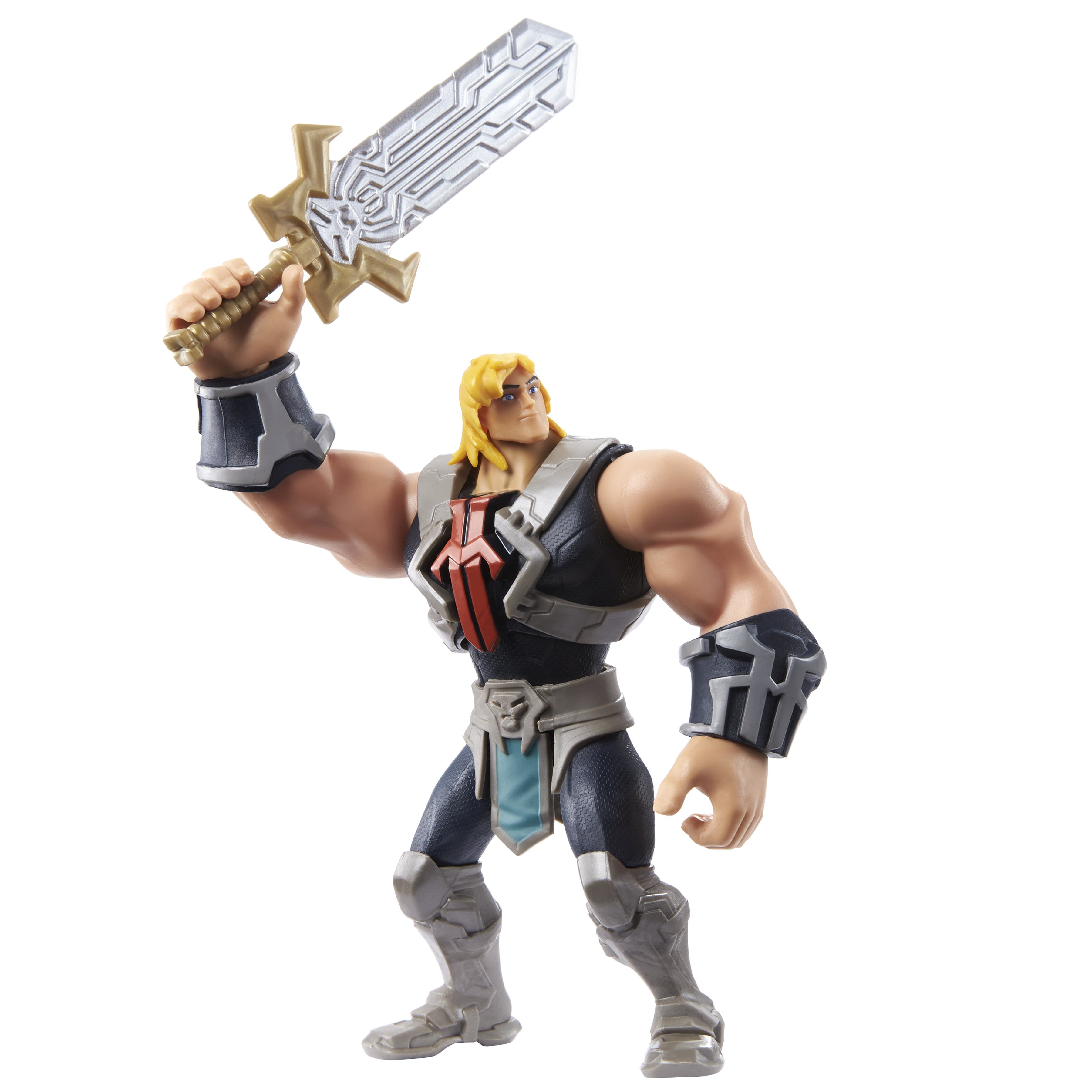 Una figura de acción de He-Man sostiene una espada. Viste una armadura y tiene cabello rubio. El fondo es blanco.