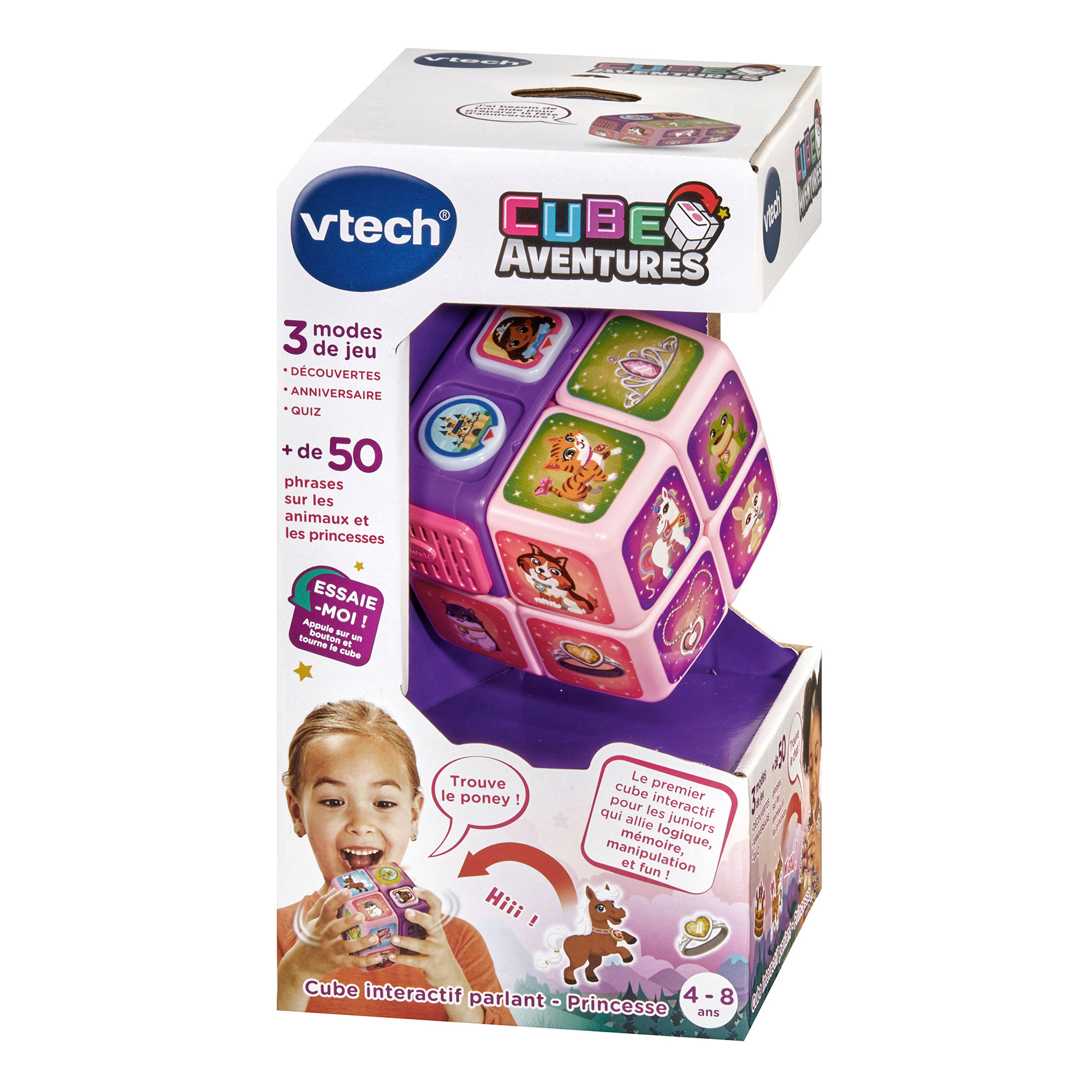 Zabawka VTech Cube Adventures z obrazkami zwierząt, księżniczek i dziewczynki bawiącej się nią. Widoczne opakowanie.