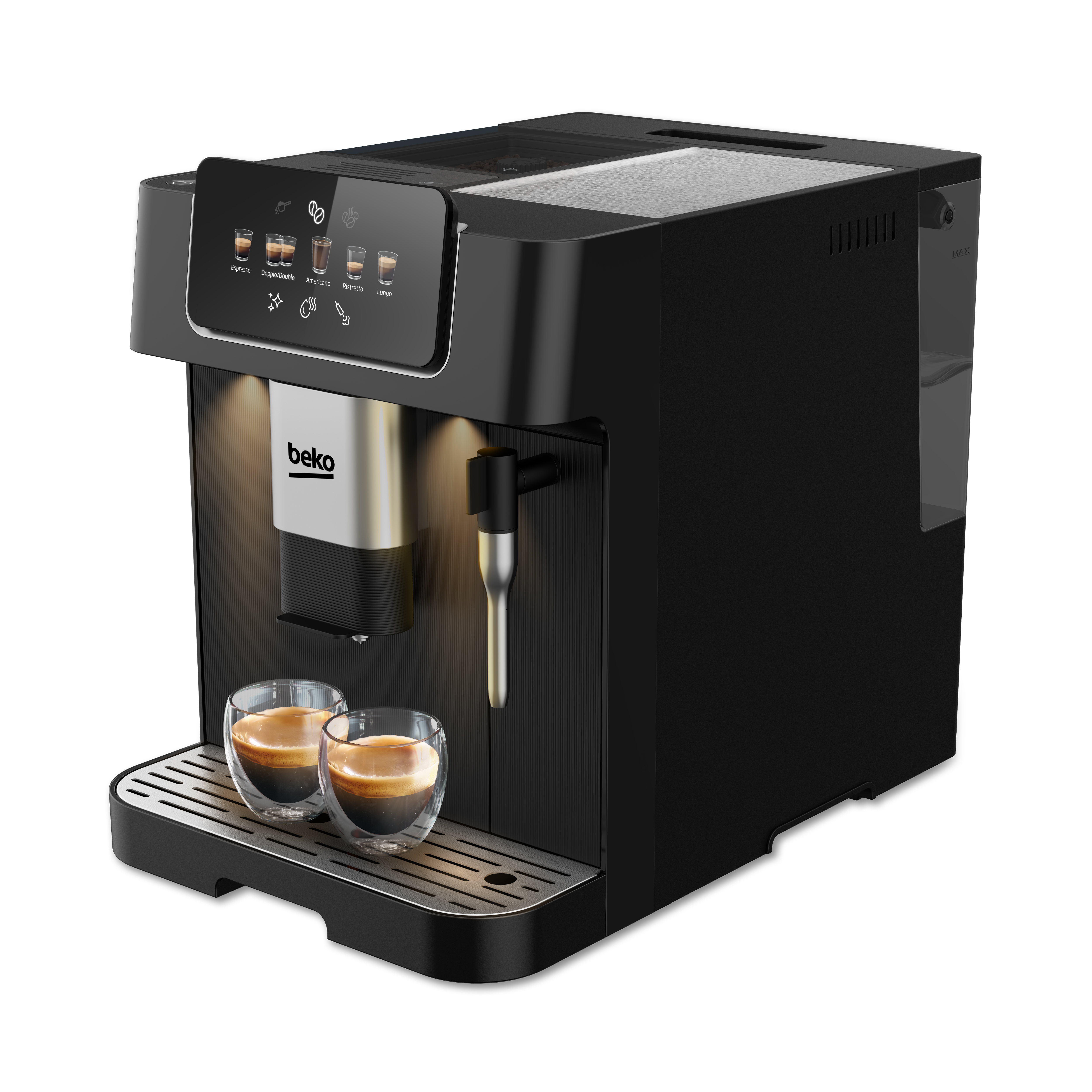 Una máquina de espresso Beko negra con dos tazas de café. La máquina tiene una pantalla digital y un depósito de agua.