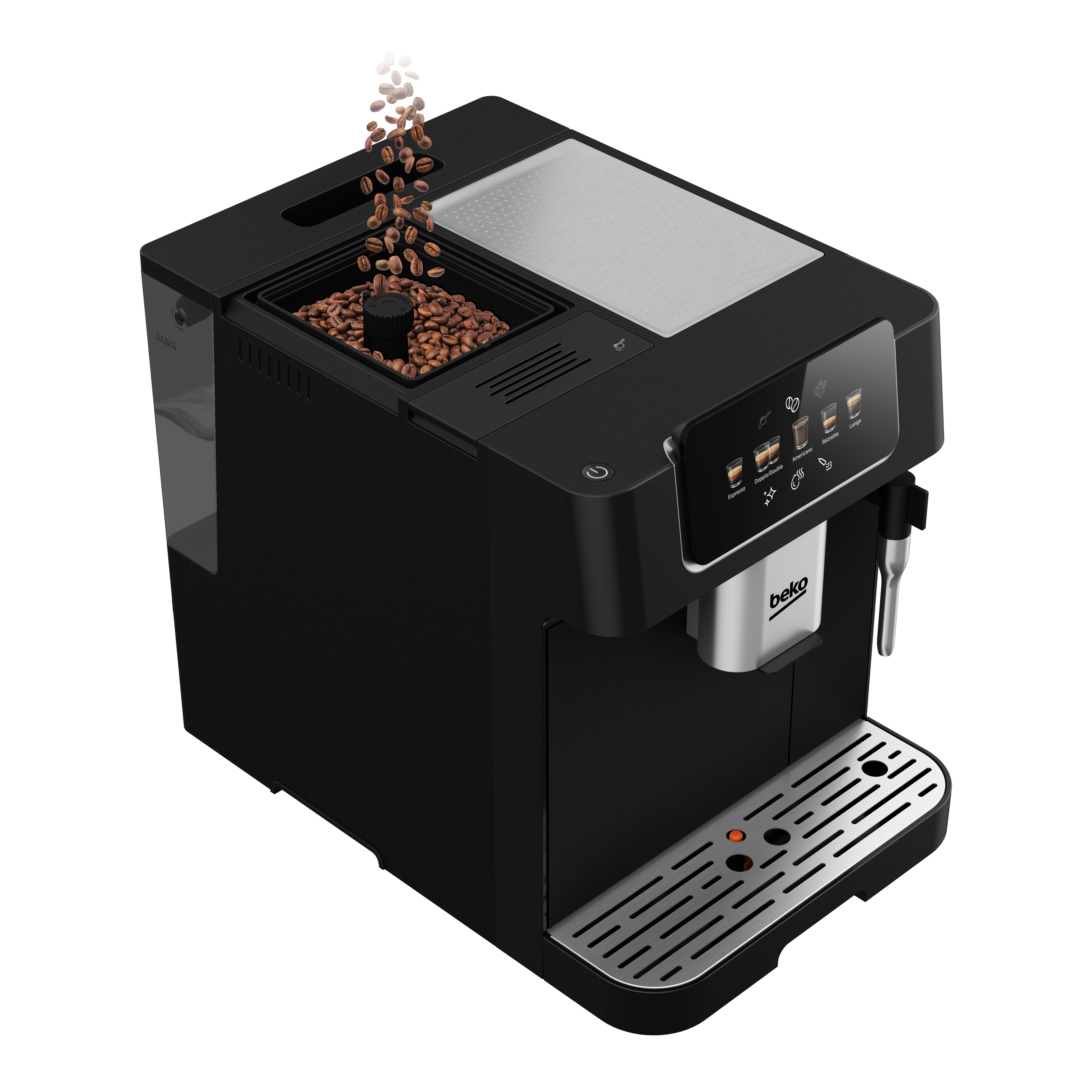 Una cafetera Beko negra. Los granos de café caen en el recipiente. La máquina tiene una pantalla.