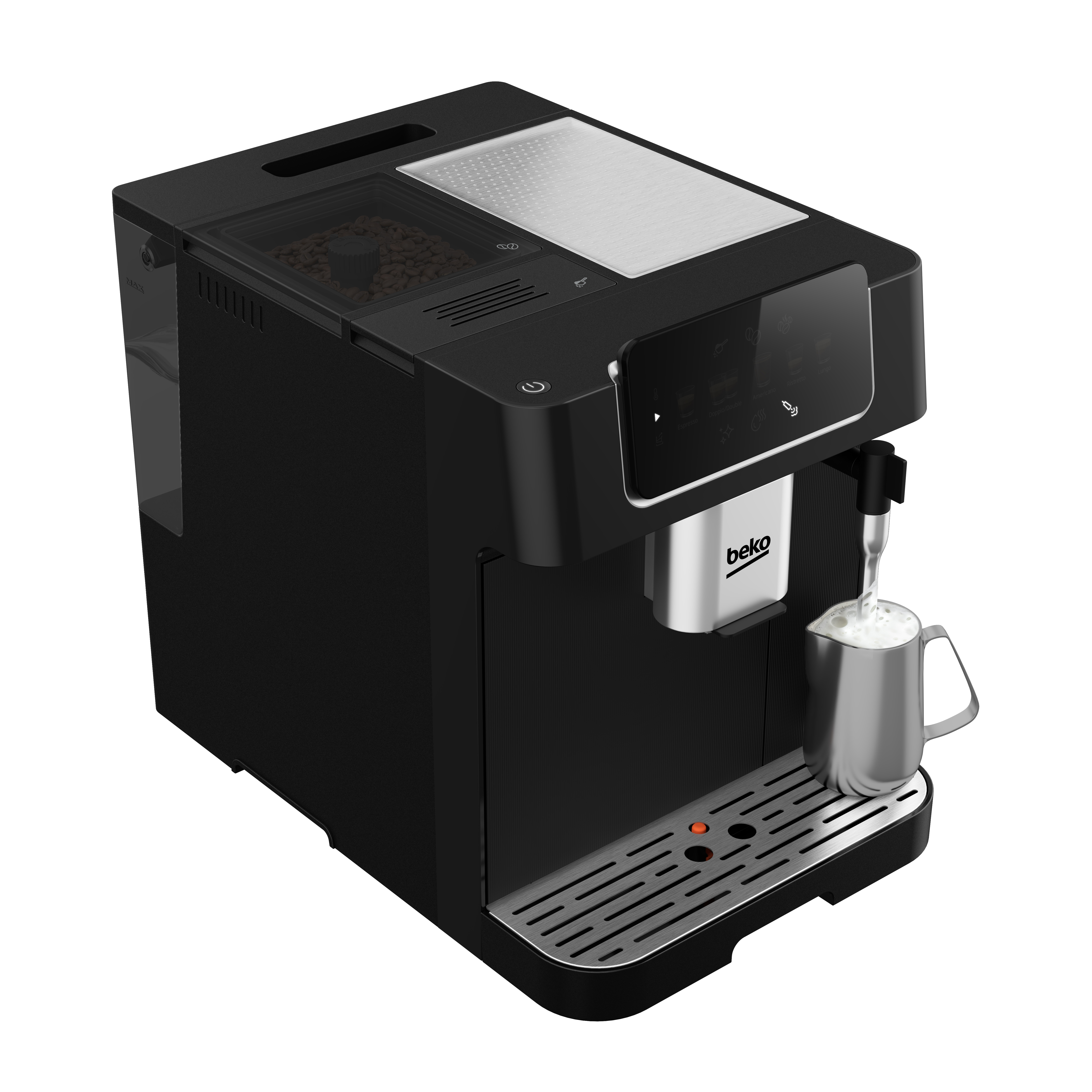 Una máquina de espresso Beko negra con una jarra de acero inoxidable para espumar leche está preparando café. Se ven granos de café.