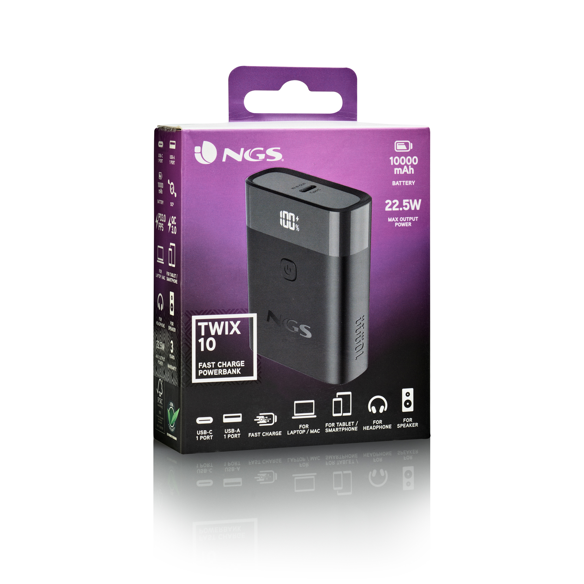 Un power bank Twix 10 en una caja. Tiene una batería de 10000 mAh, 22,5 W de potencia máxima y es de NGS.
