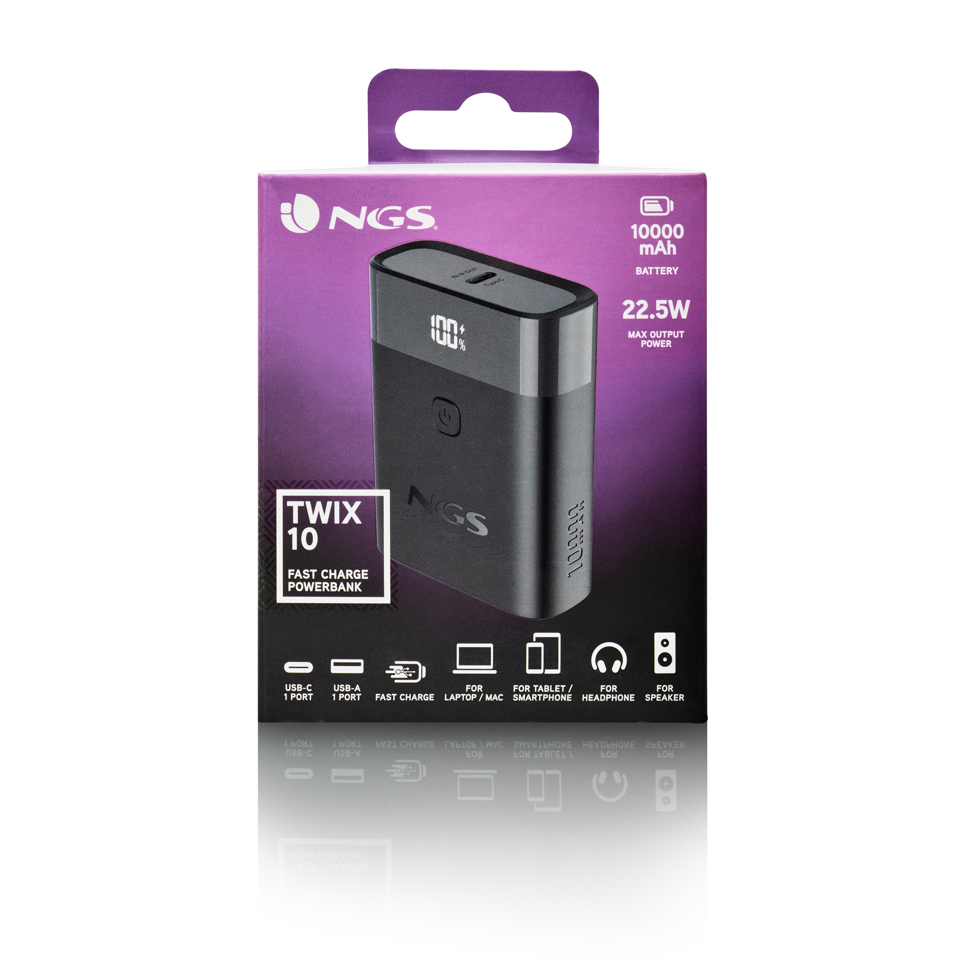 Una caja de banco de energía con un dispositivo negro. El texto incluye NGS, Twix 10, 10000 mAh, 22,5 W e iconos de dispositivos.