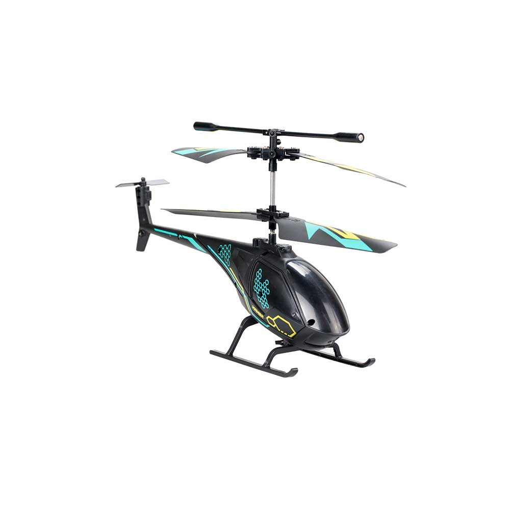 Ein schwarzer Spielzeughelikopter mit teal- und gelbfarbenen Akzenten auf weißem Hintergrund. Er hat einen Hauptrotor und einen Heckrotor.