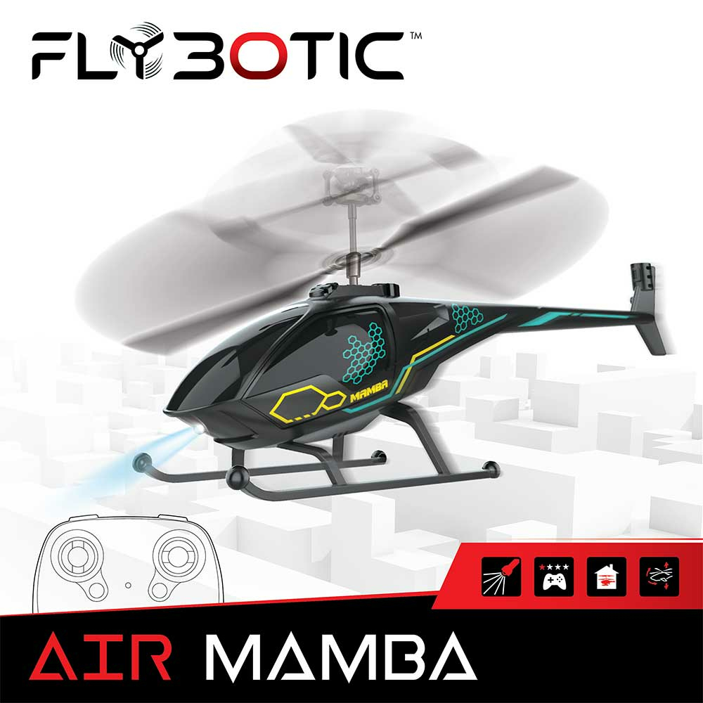 Schwarzer und tealfarbener Hubschrauber mit der Aufschrift 'Air Mamba' und rotierenden Rotorblättern. Fernbedienung und Symbole.