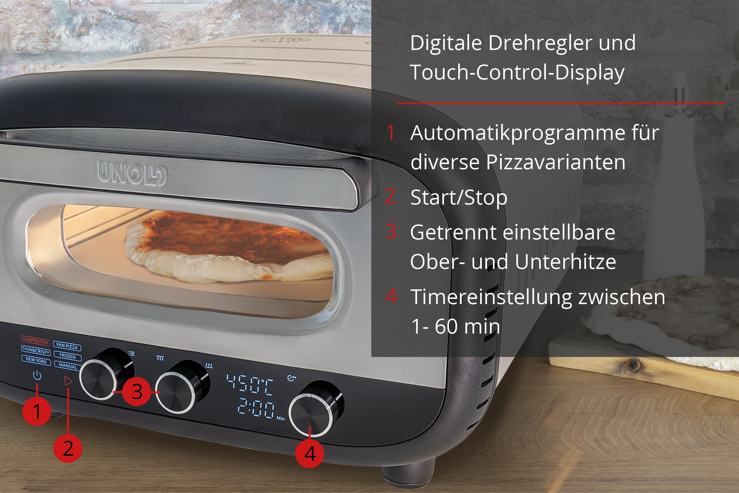 Forno per pizza con comandi digitali e pizza all'interno. Include timer, temperatura e diverse modalità di cottura.