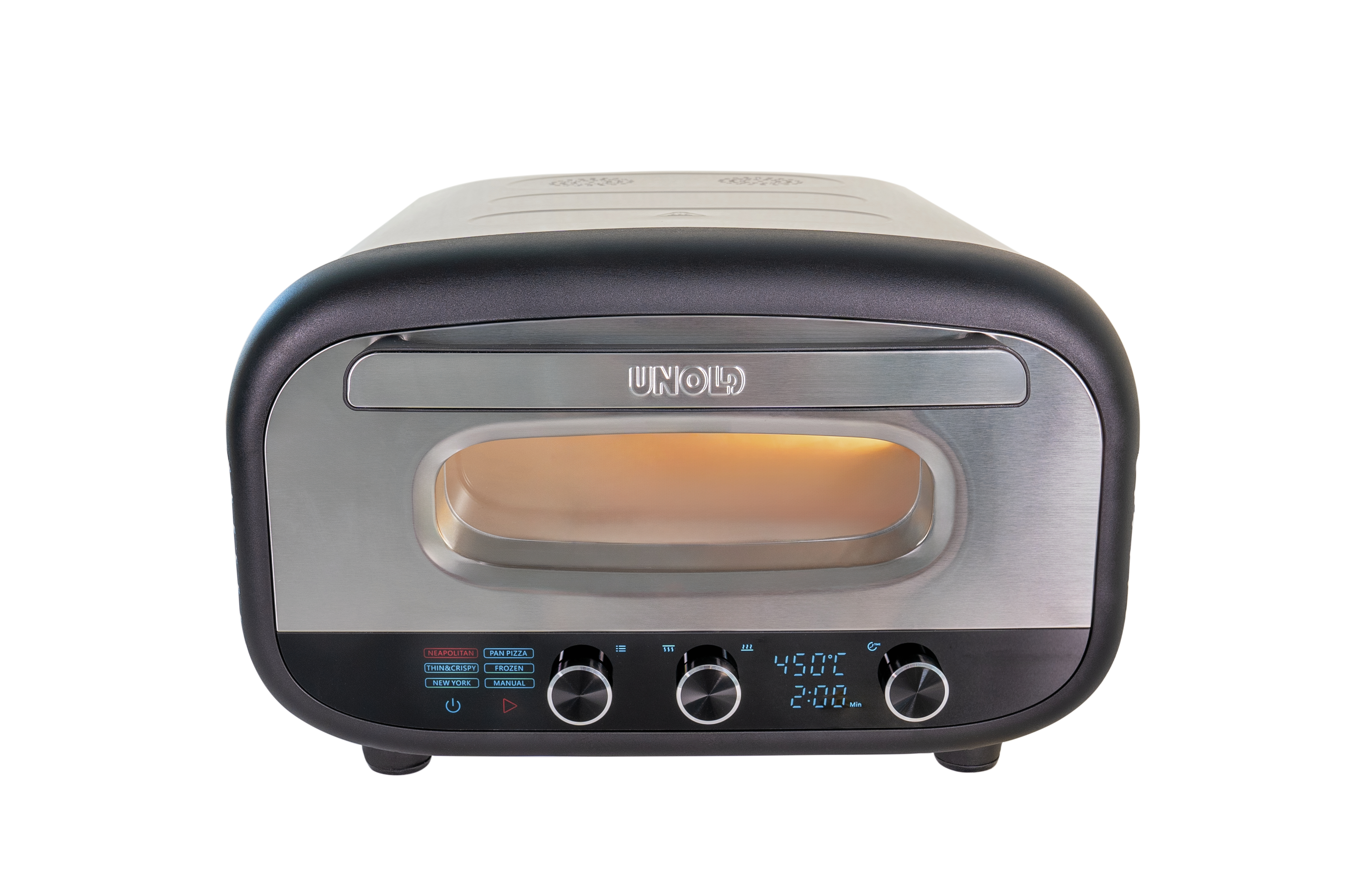 Un forno per pizza Unold argento e nero su sfondo bianco, con display digitale e manopole.