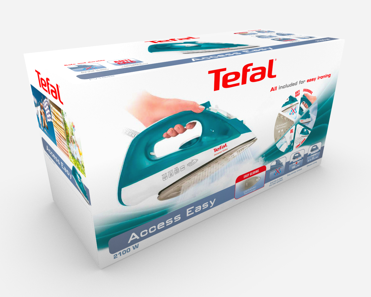 Żelazko Tefal Access Easy w pudełku. Ręka trzyma żelazko. Pudełko pokazuje żelazko i funkcje, takie jak łatwe przesuwanie.