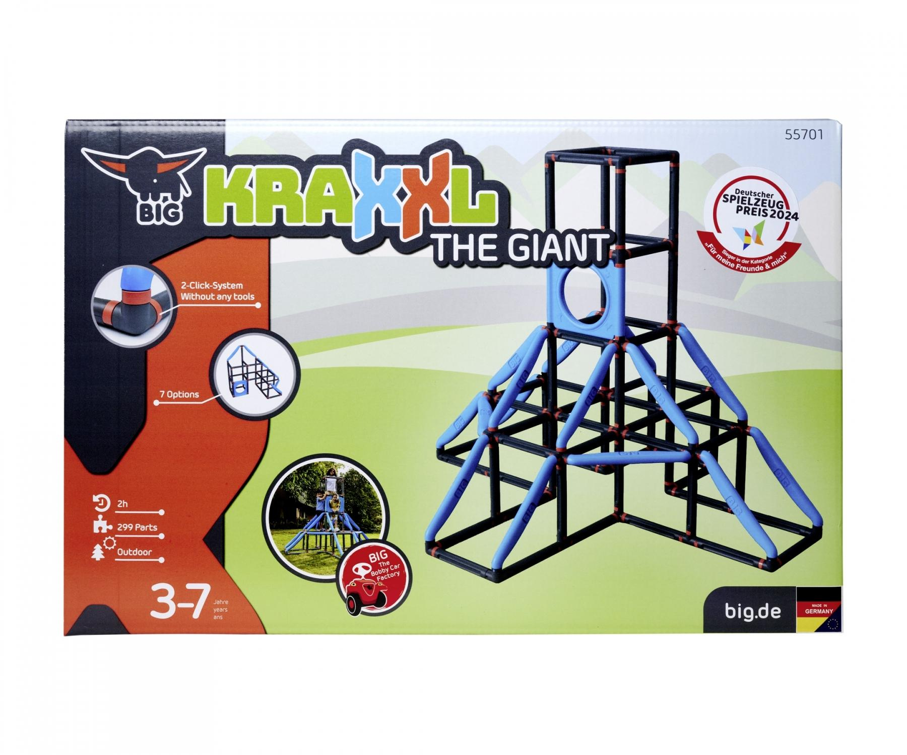 Box eines Klettergerüst-Spielzeugs für Kinder. Es ist blau und schwarz und trägt die Aufschrift 'KRAXXL The Giant'.