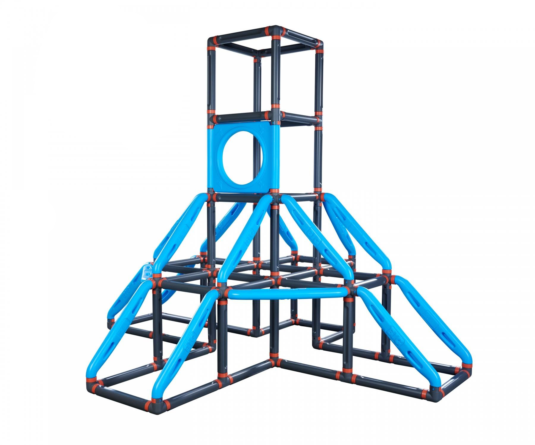 Ein blau-schwarzer Kletterrahmen. Er hat einen quadratischen Turm mit rundem Loch und diagonale blaue Stangen.