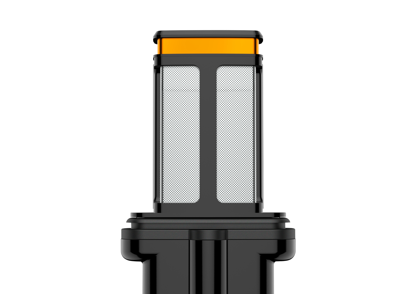 Zbliżenie czarno-pomarańczowego urządzenia z siatkowym ekranem i kwadratową górą na białym tle.