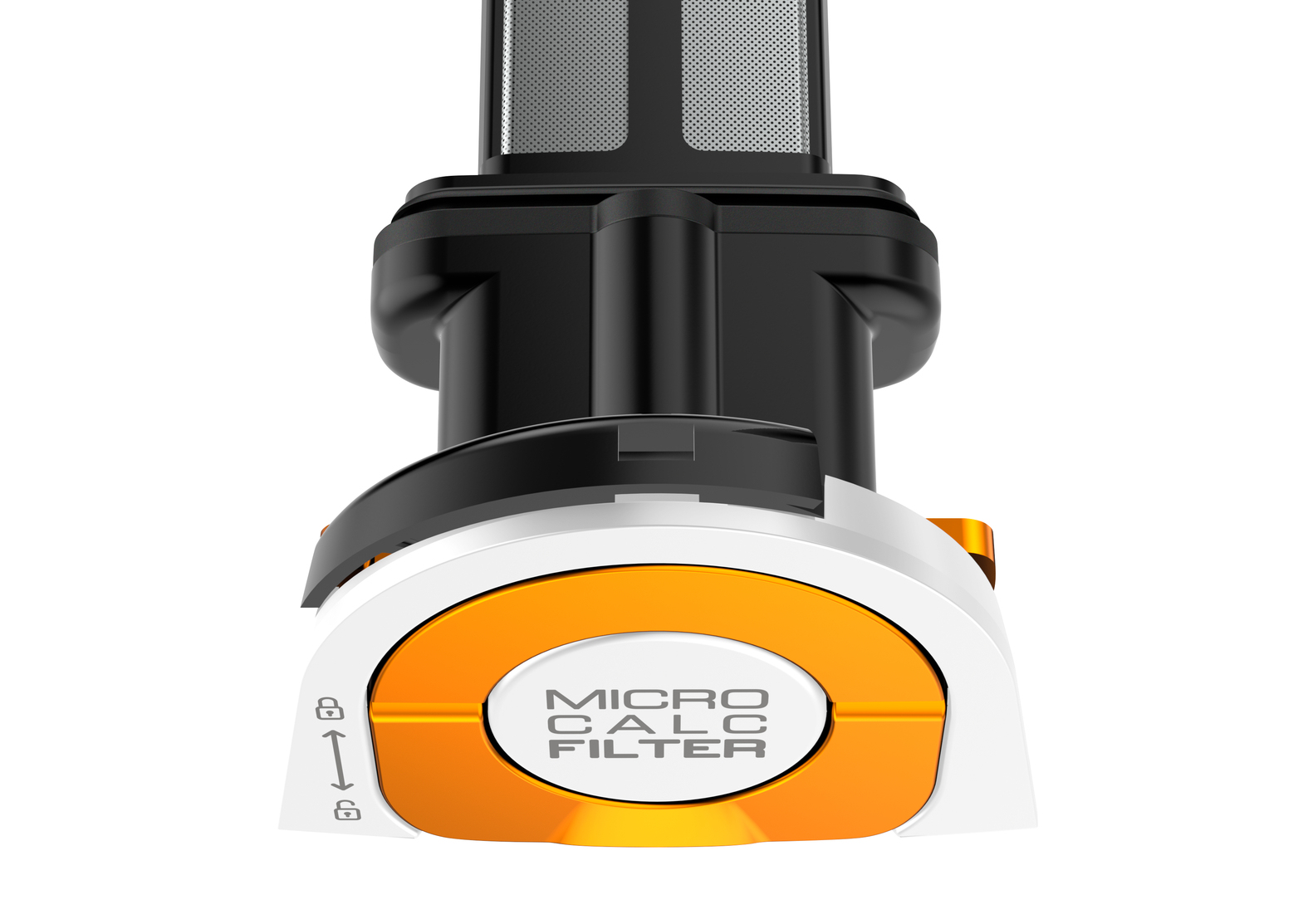 Zbliżenie czarno-białego urządzenia z pomarańczowym okręgiem. Posiada etykietę 'MICRO CALC FILTER' i symbole blokady.