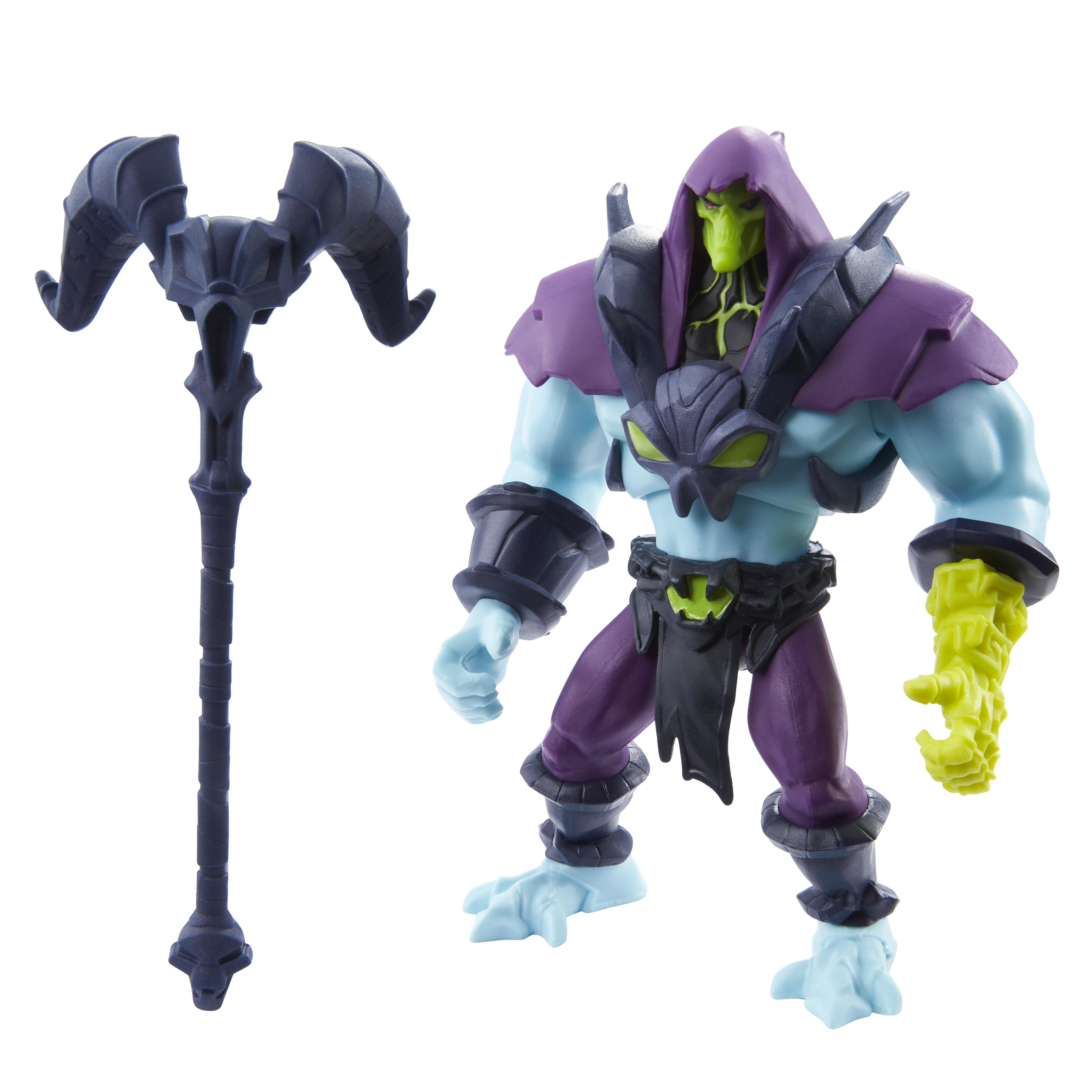 Una figura de acción de Skeletor con un bastón. La figura es azul, morada y verde. El bastón es azul oscuro.