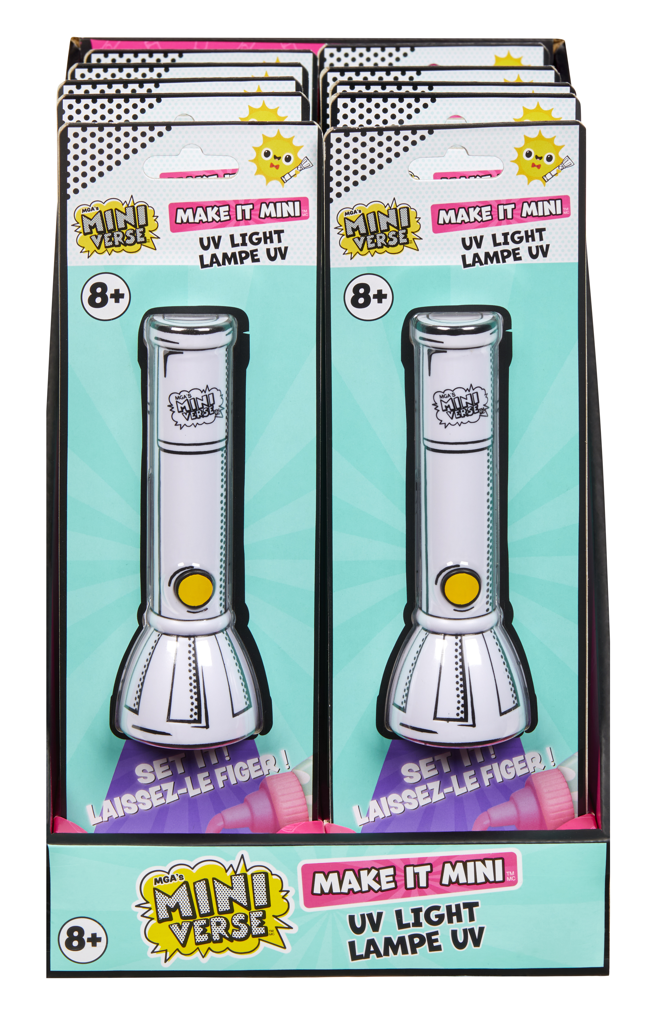 Wyświetlacz zabawek Mini Verse UV. Każde opakowanie ma design latarki i wiek 8+.