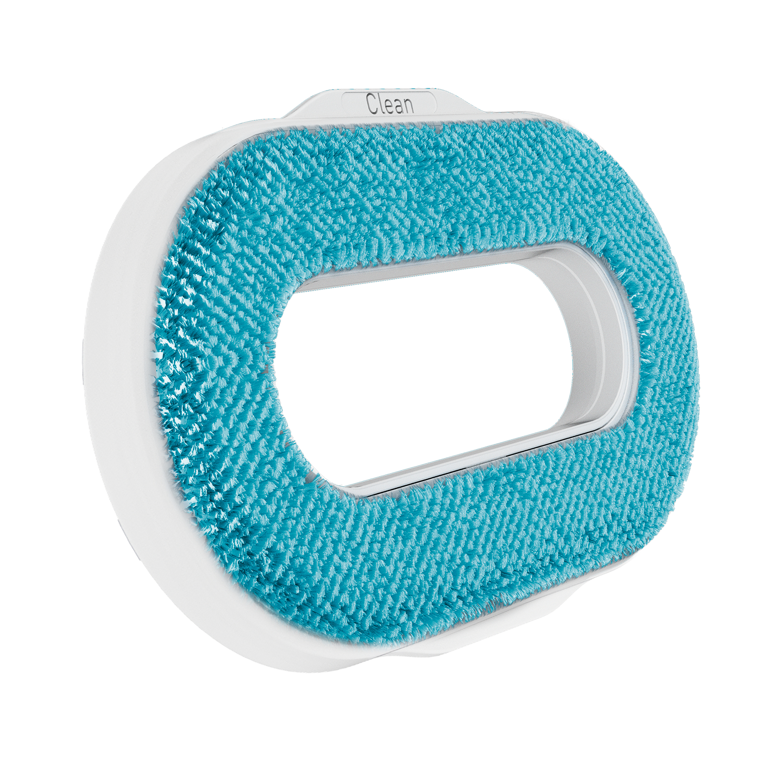 Owalne narzędzie do czyszczenia. Ma białą ramę i niebieską, teksturowaną powierzchnię czyszczącą ze słowem "Clean".