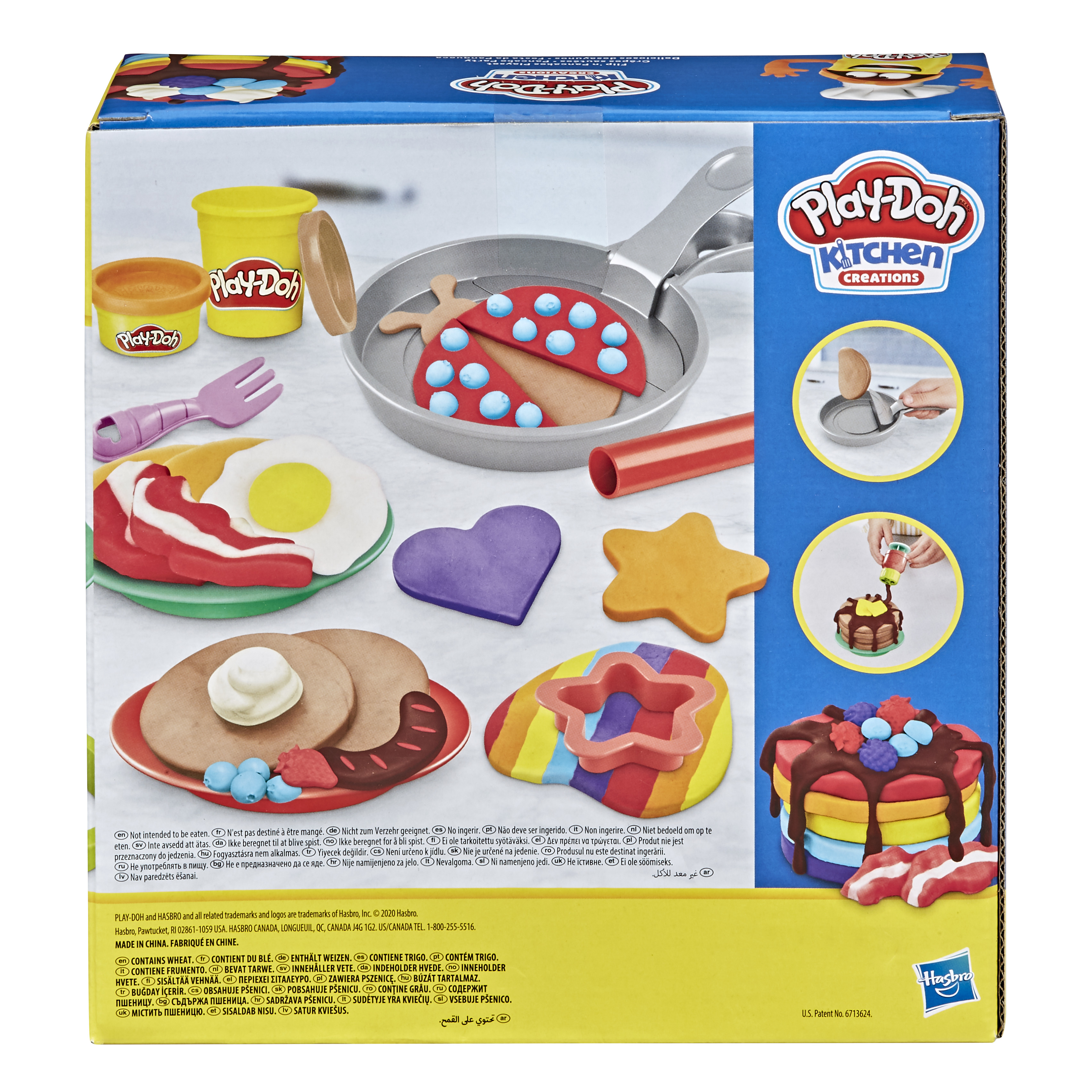 Play-Doh Küchenset-Box mit Essensmodellen: Pfannkuchen, Eier, Speck, Marienkäfer, Stern und Werkzeuge.