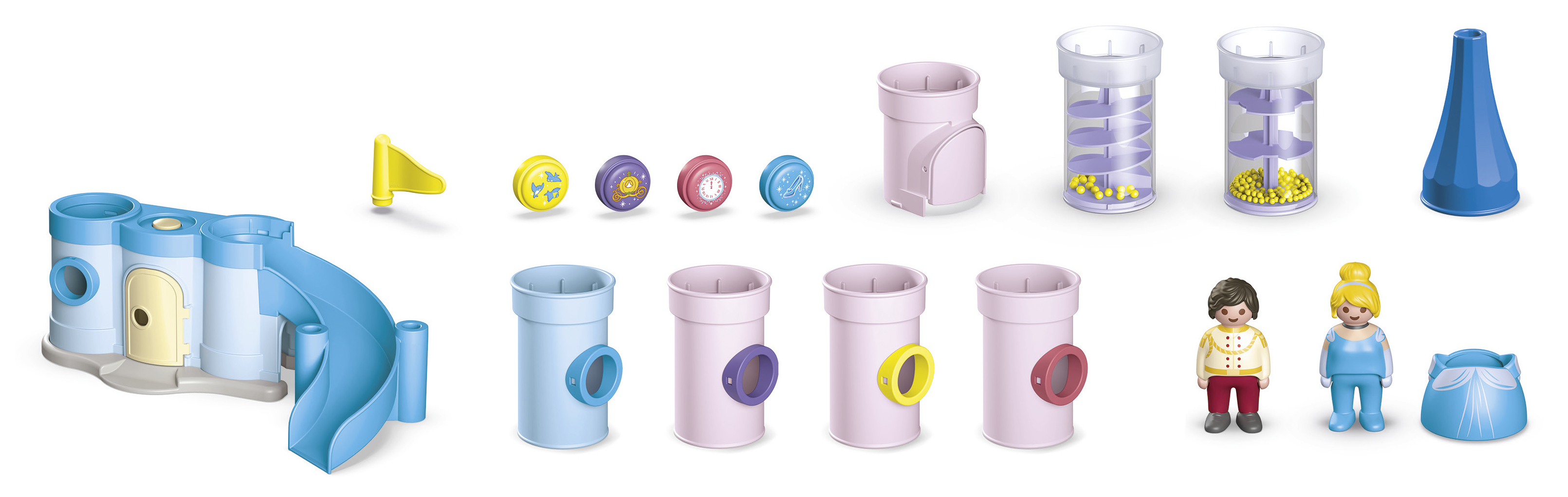 Set di giocattoli con un castello, cilindri, personaggi e accessori. I colori includono blu, giallo, rosa e bianco. Le figure rappresentano un principe e Cenerentola.