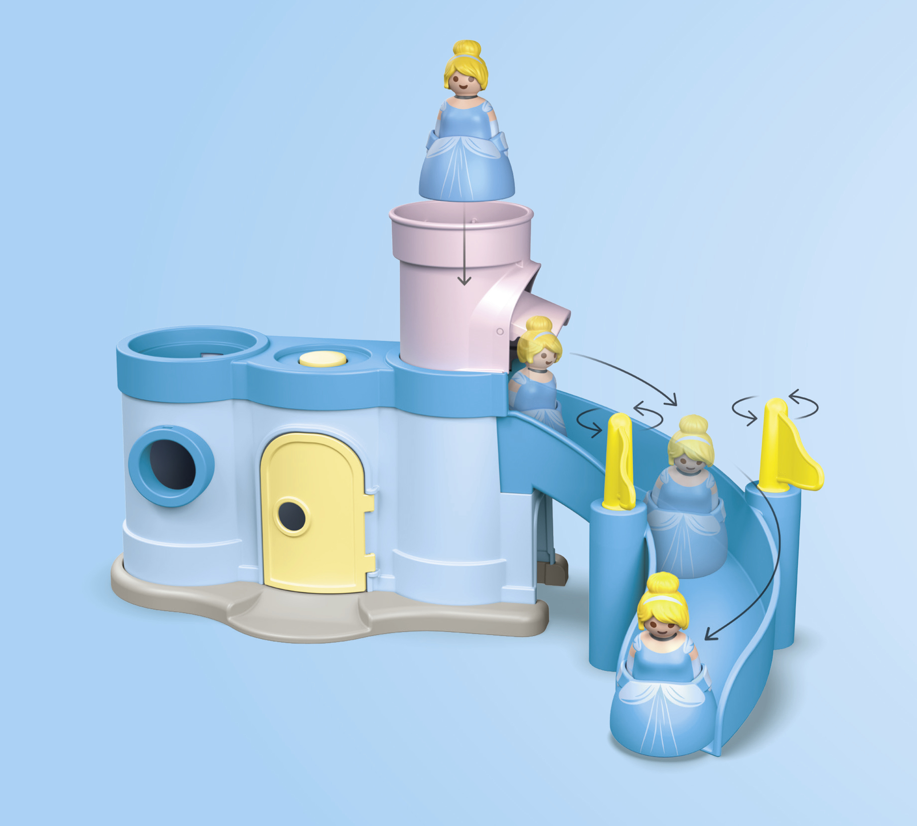 Un set di giocattoli di Cenerentola con un castello e uno scivolo. Le figure di Cenerentola scivolano giù. Le frecce mostrano il movimento.