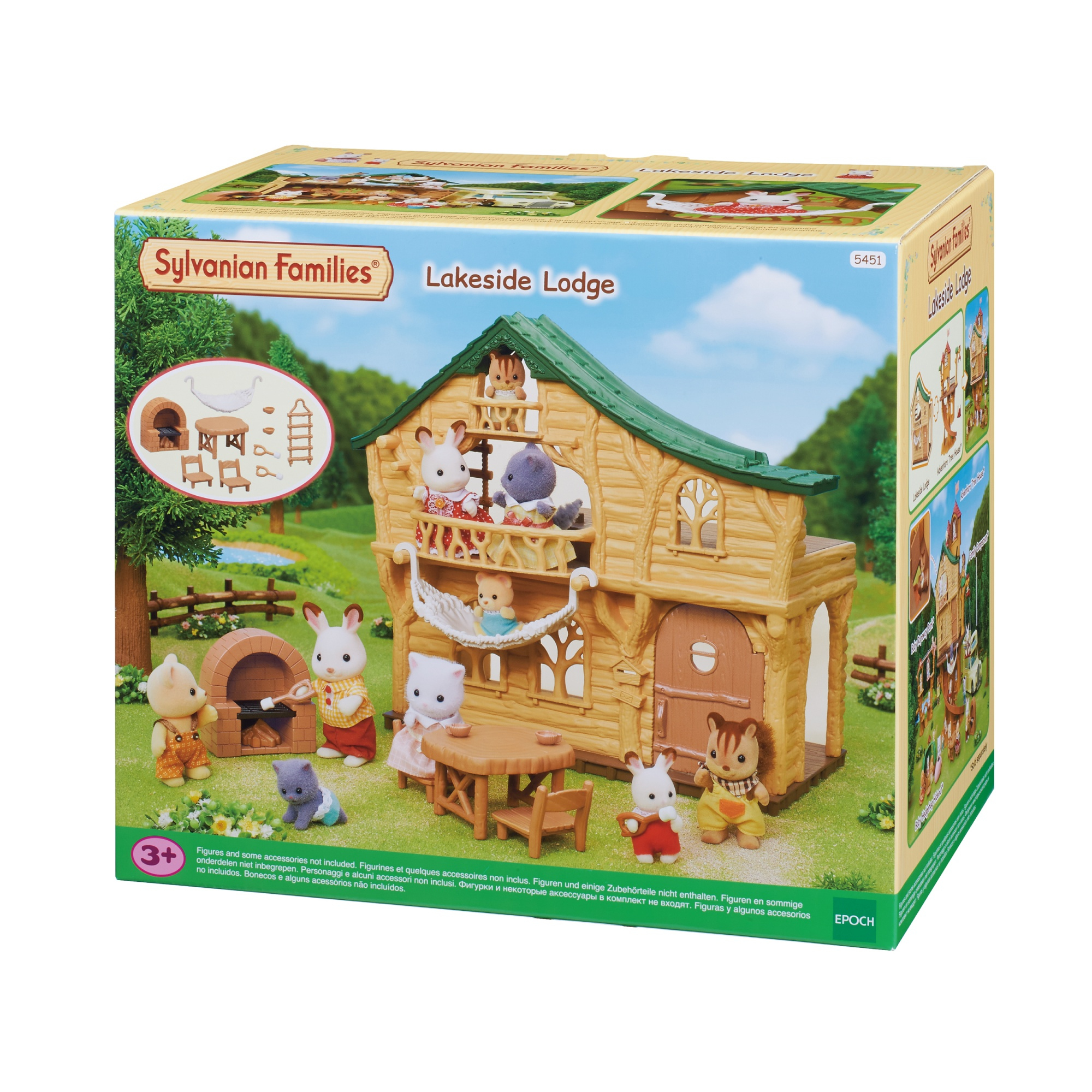 Set Lakeside Lodge de Sylvanian Families en caja. Incluye un albergue de madera con figuras y accesorios. Tiene un techo verde.