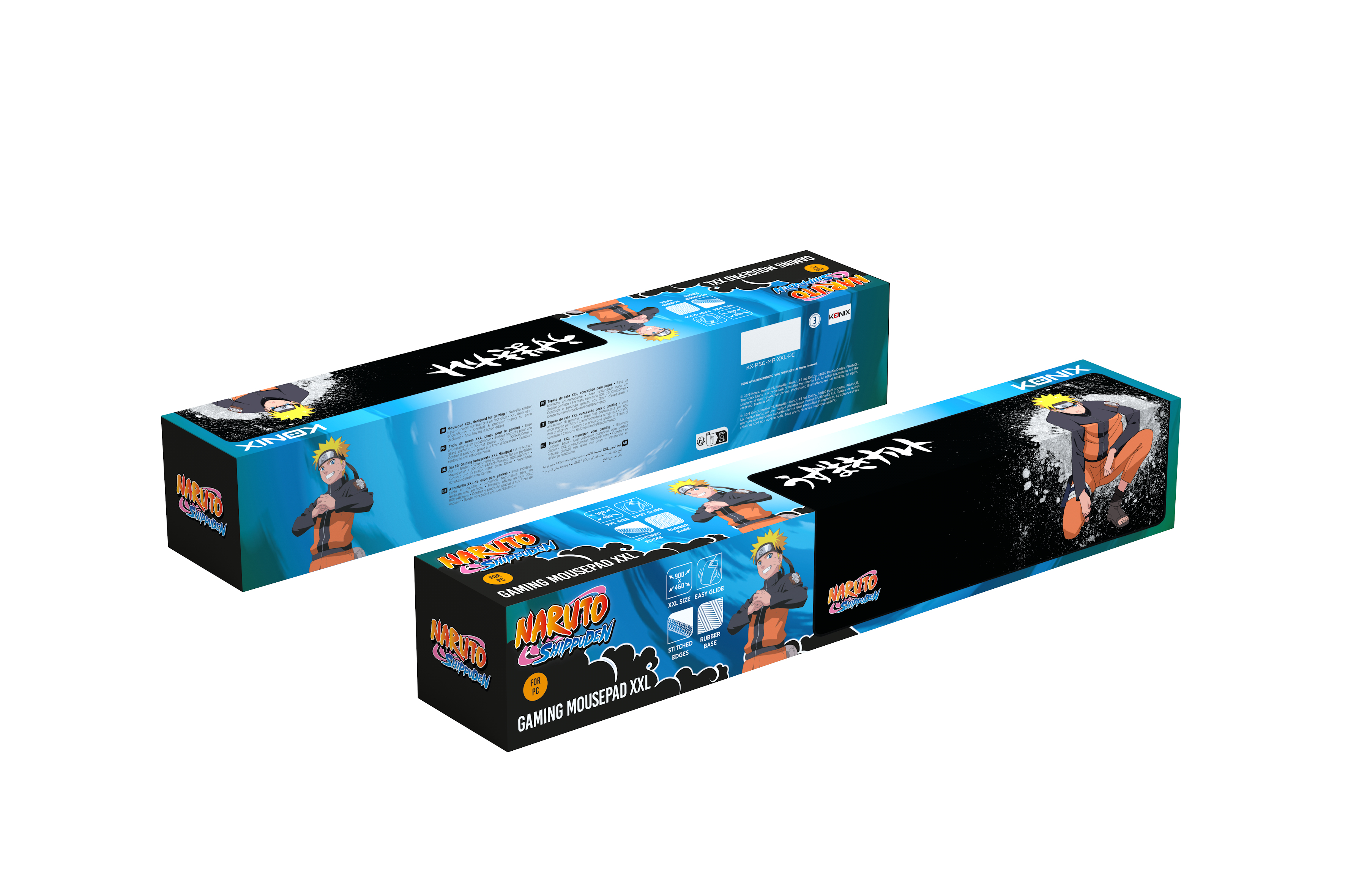 Dwa pudełka podkładek pod mysz Naruto. Jeden pokazuje Naruto, drugi japoński tekst.